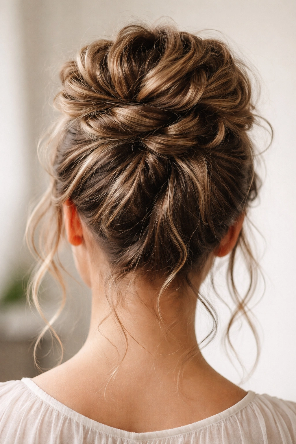 Close-up of crown bun with distinct textured sections in waves.