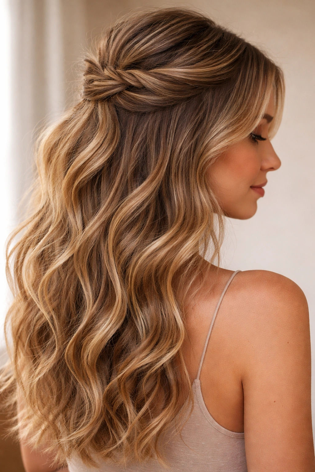 Close-up of textured crown half-up with loose waves in soft studio lighting