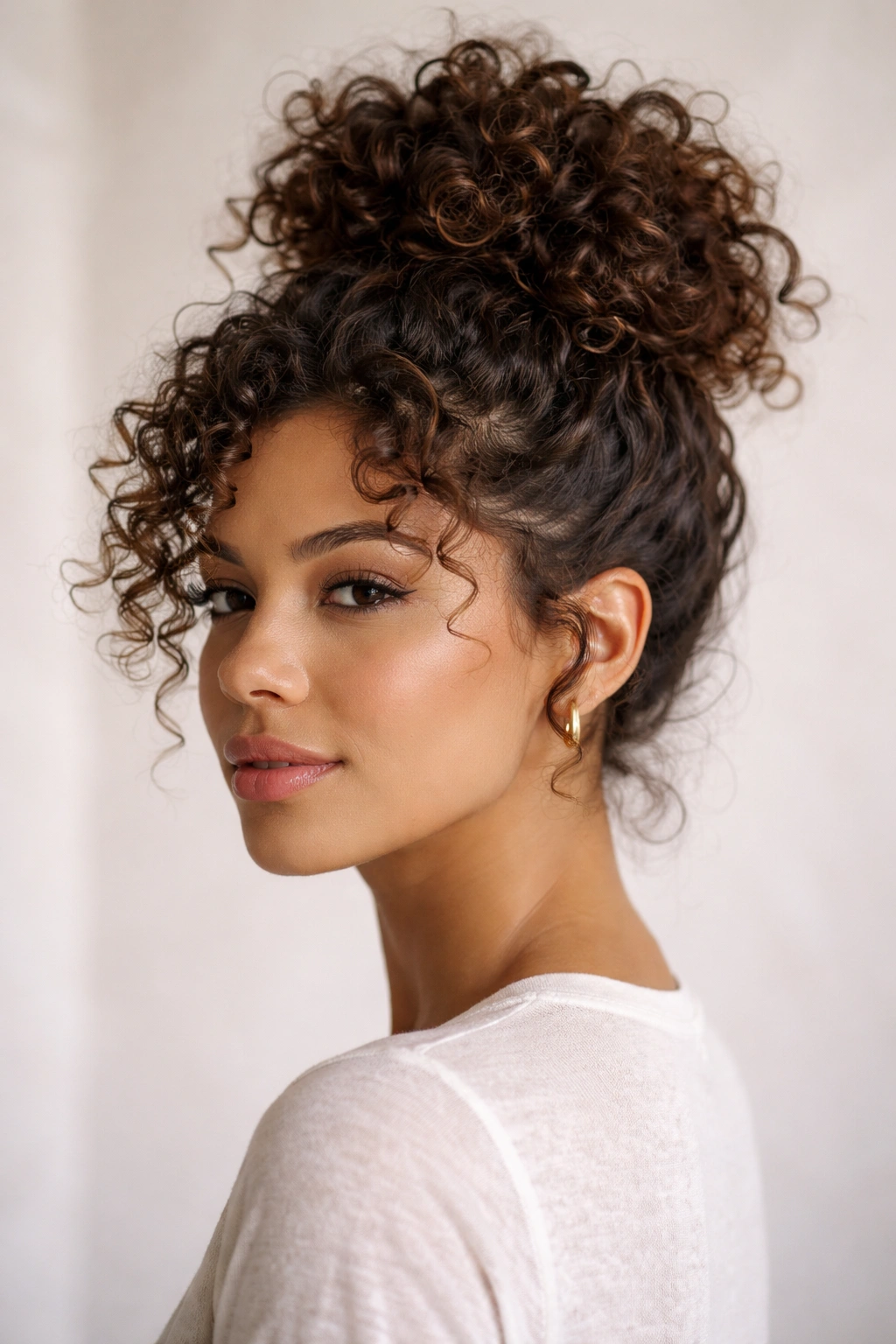 Back/side view of a head with a textured crown knot on short curly hair