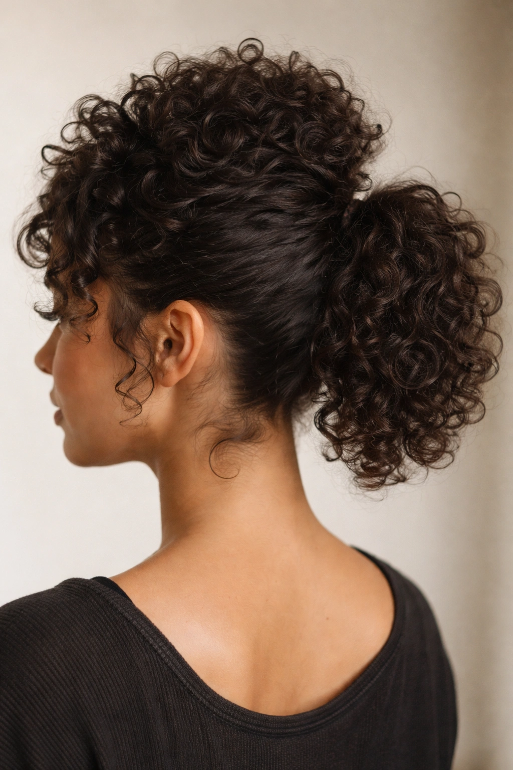 Close-up of textured crown ponytail on short curly hair with lifted crown and gathered ponytail