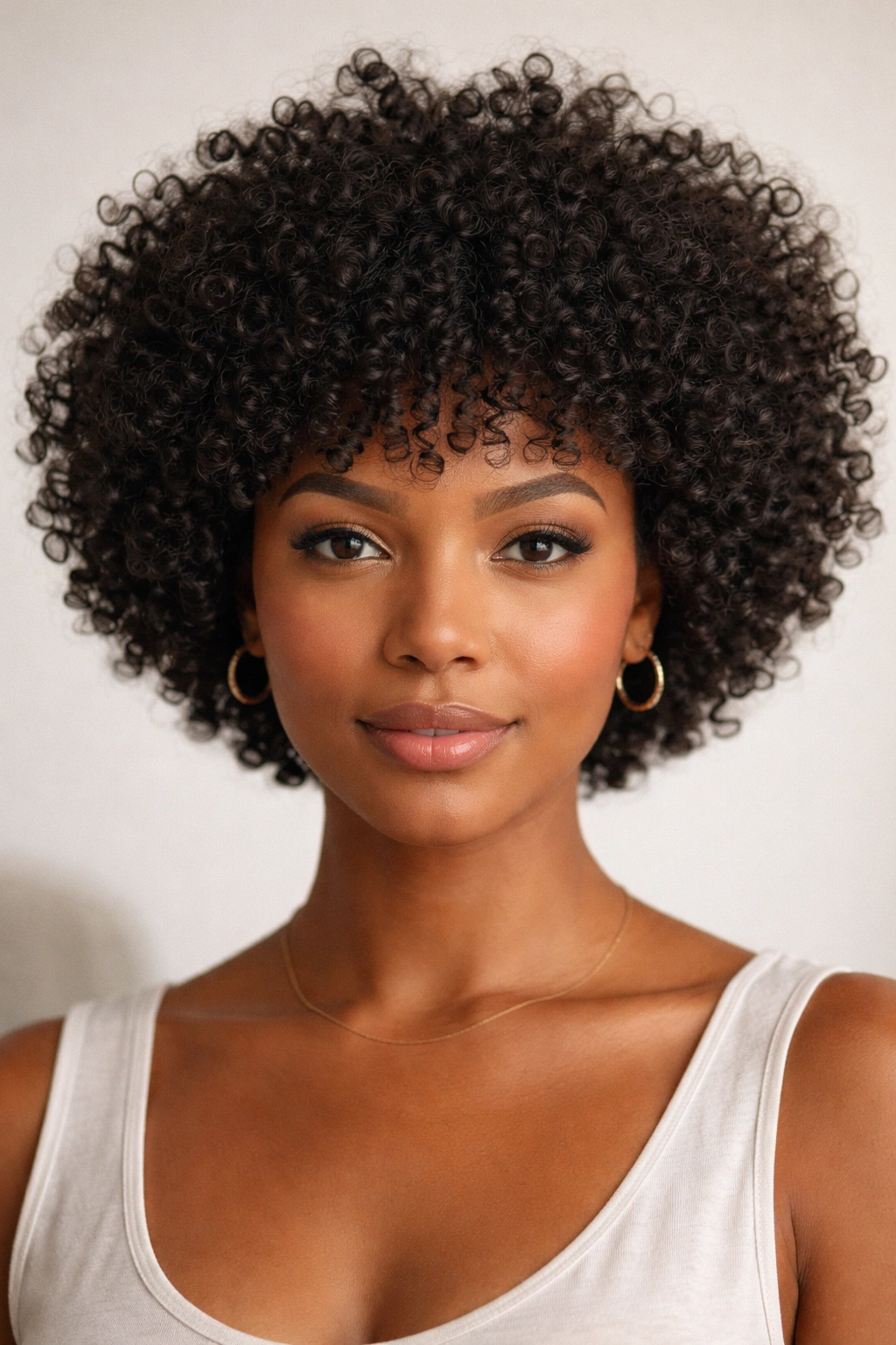 Close-up portrait of a person with a short textured curly Afro Bob focused on crown volume.