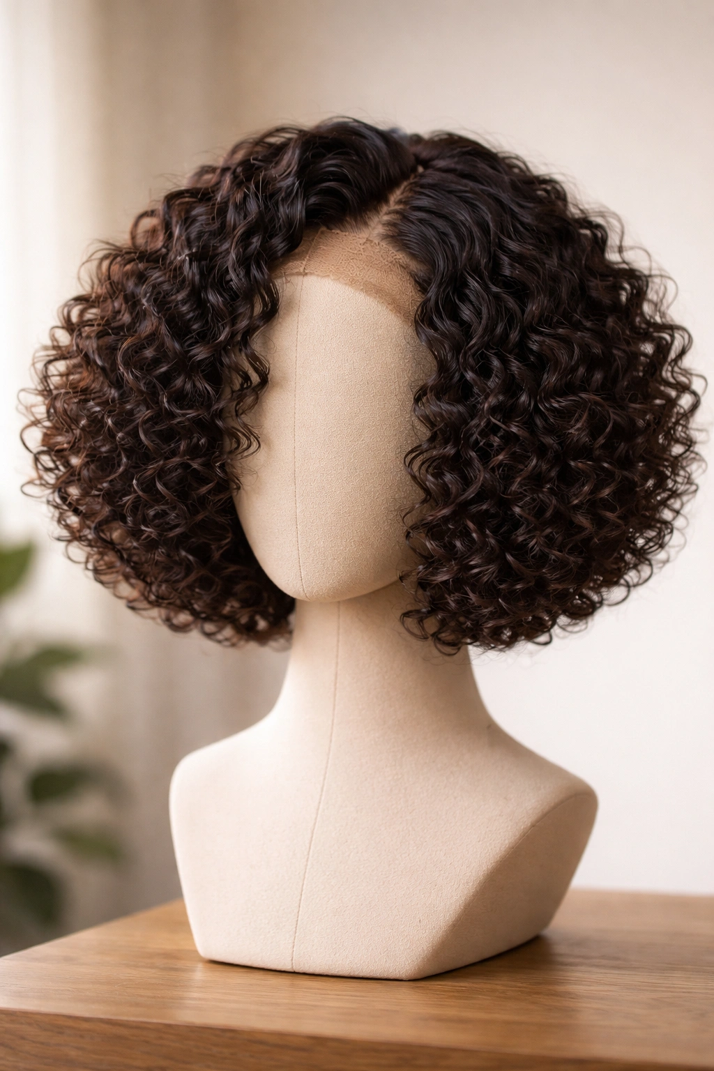 Textured curly bob frontal wig on a head form with rounded silhouette