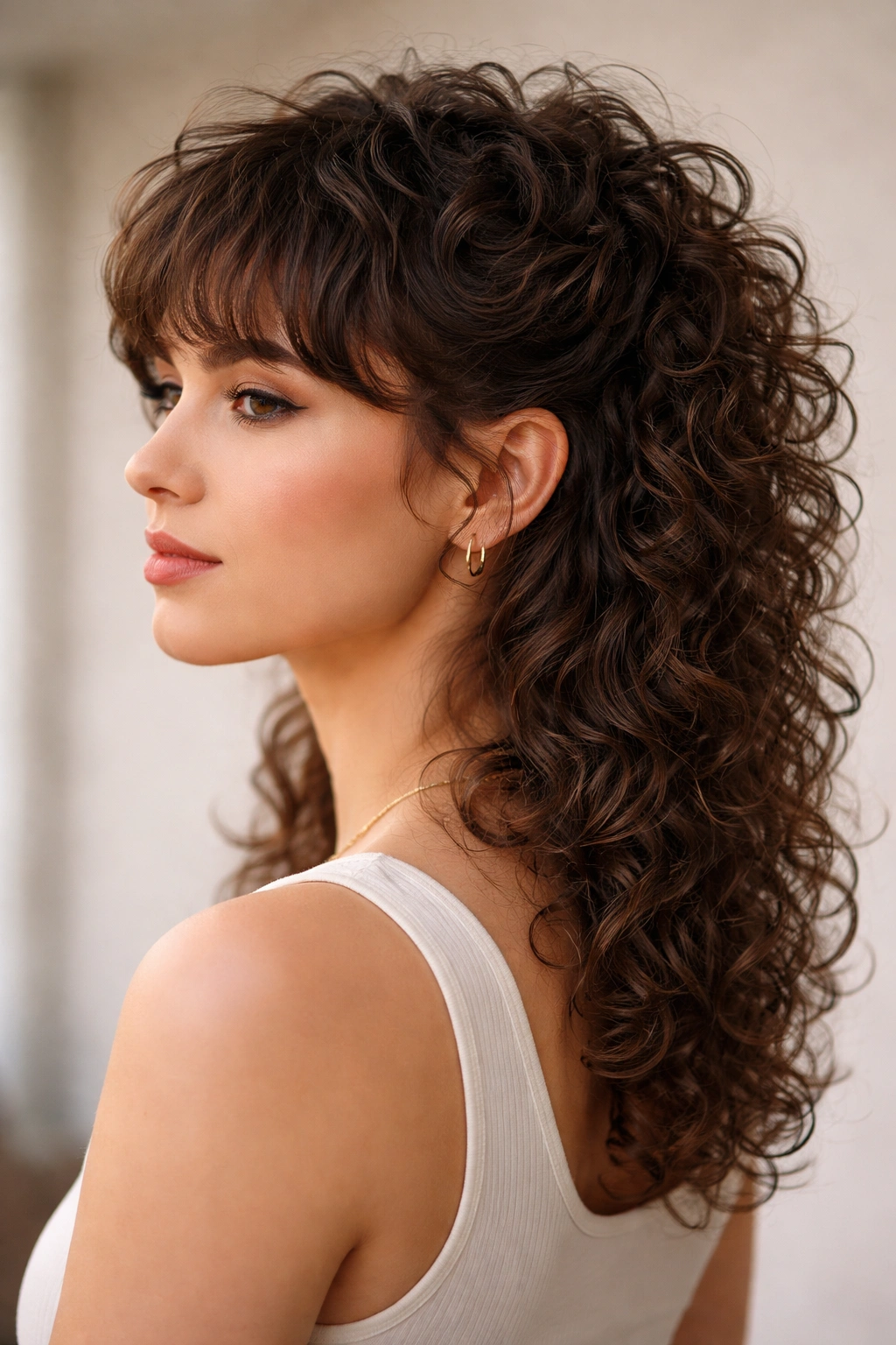 Profile view of a curly textured mullet with short front and long back