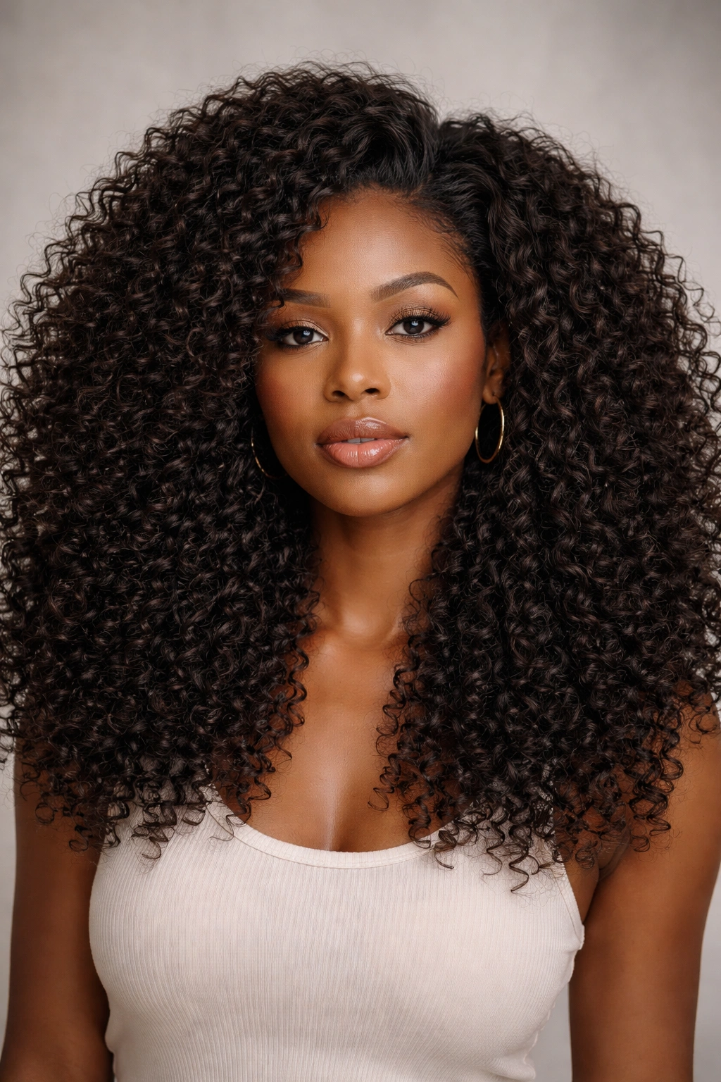 Front-facing view of voluminous textured curly weave with dense curls