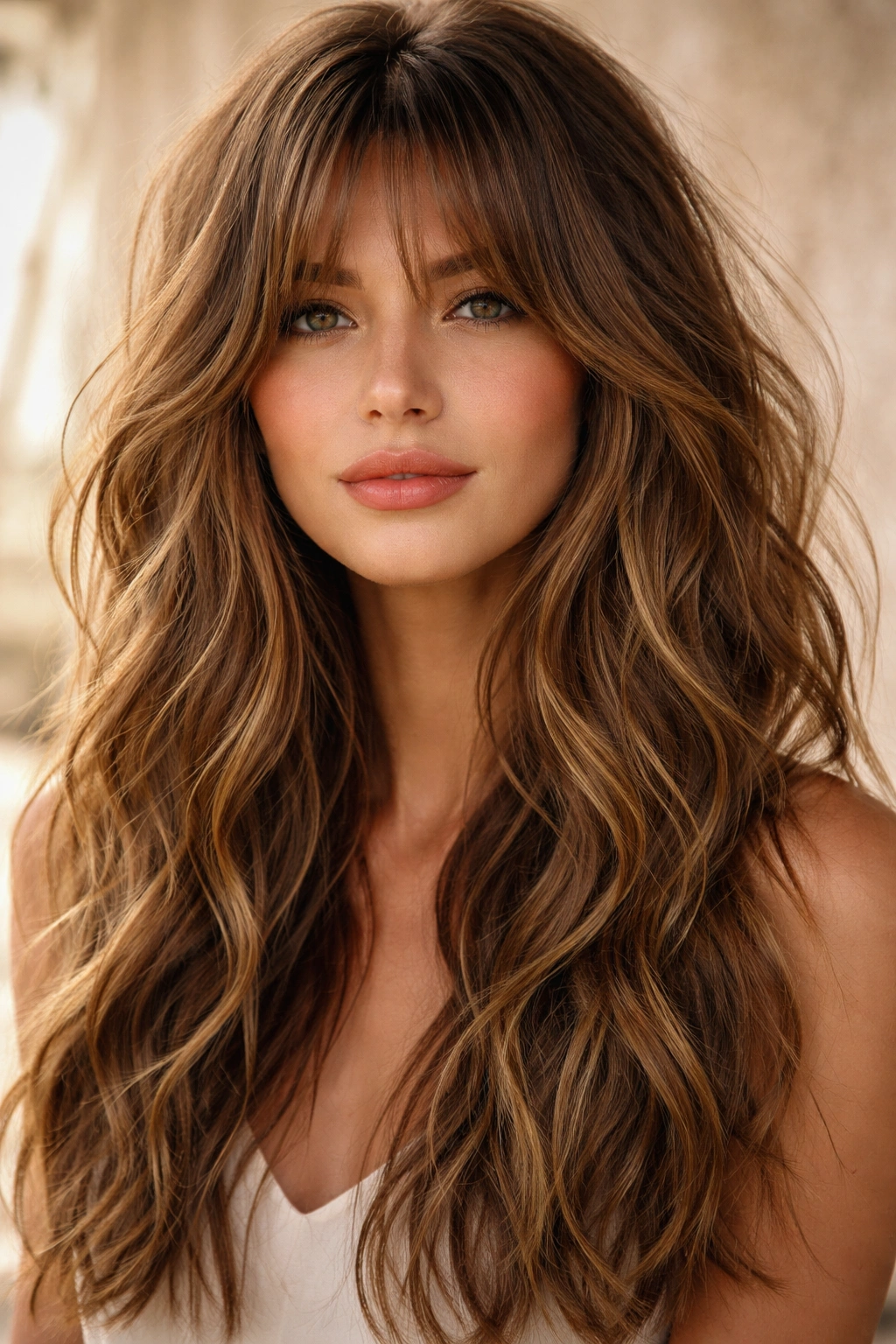 Textured curtain bangs with beachy waves on thick hair