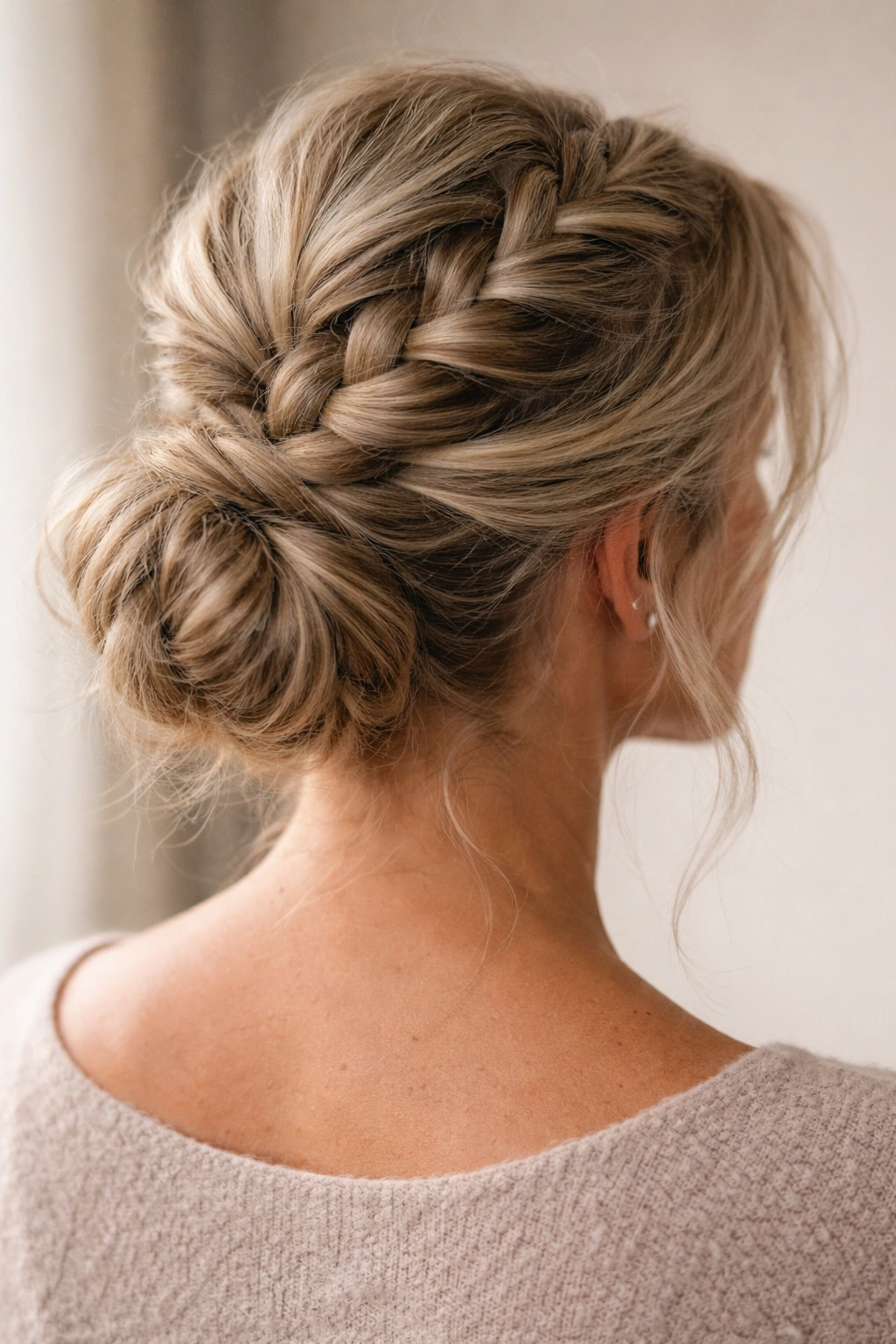 Back view of textured Dutch braid leading into a bun