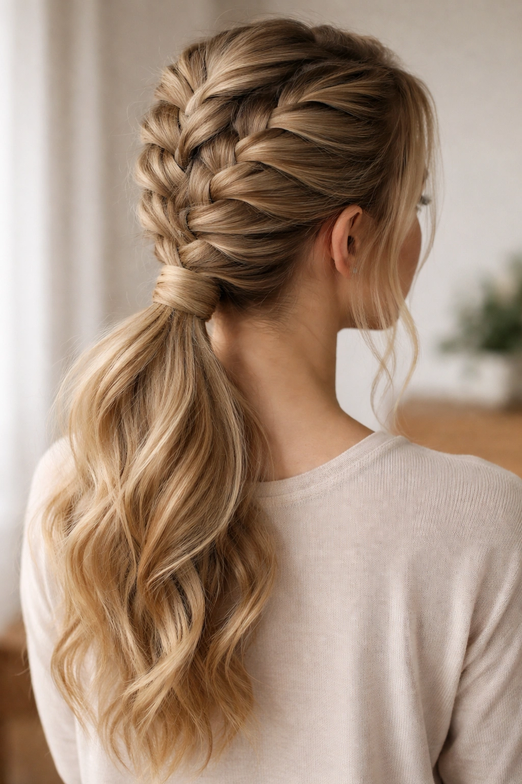 Textured Dutch braid with hair wrap around a ponytail.