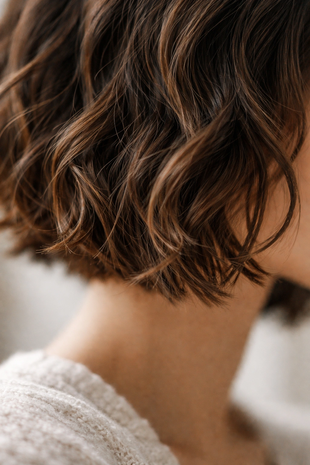 Close-up of Wavy French Bob with textured ends catching light.