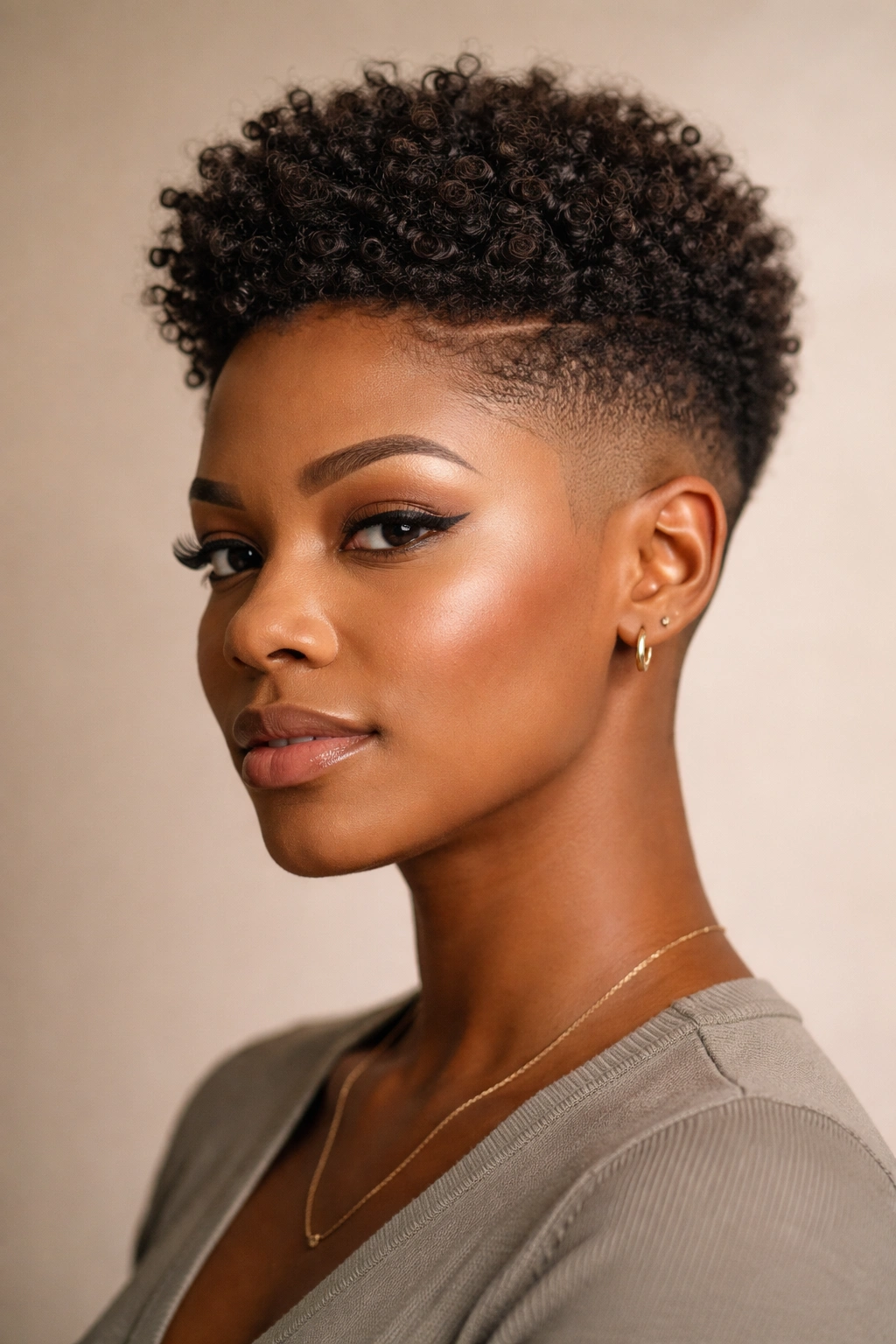 Portrait of a person with a textured fade afro highlighting side fade and top curl texture.