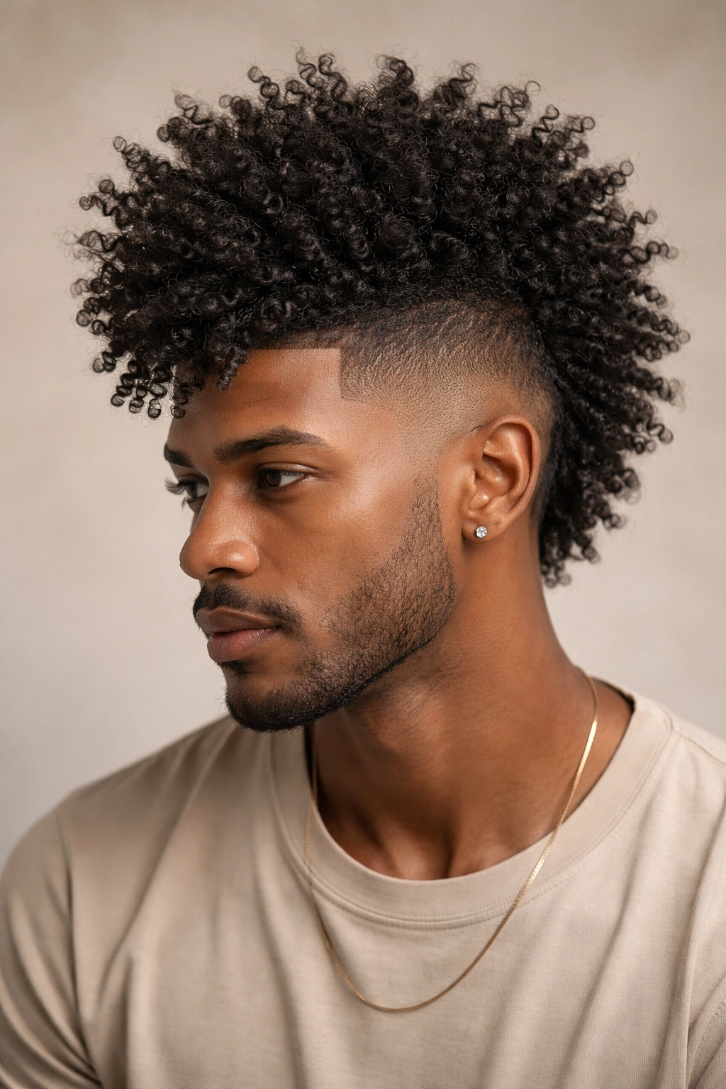 Close-up of textured fade Mohawk showing curl texture and center height