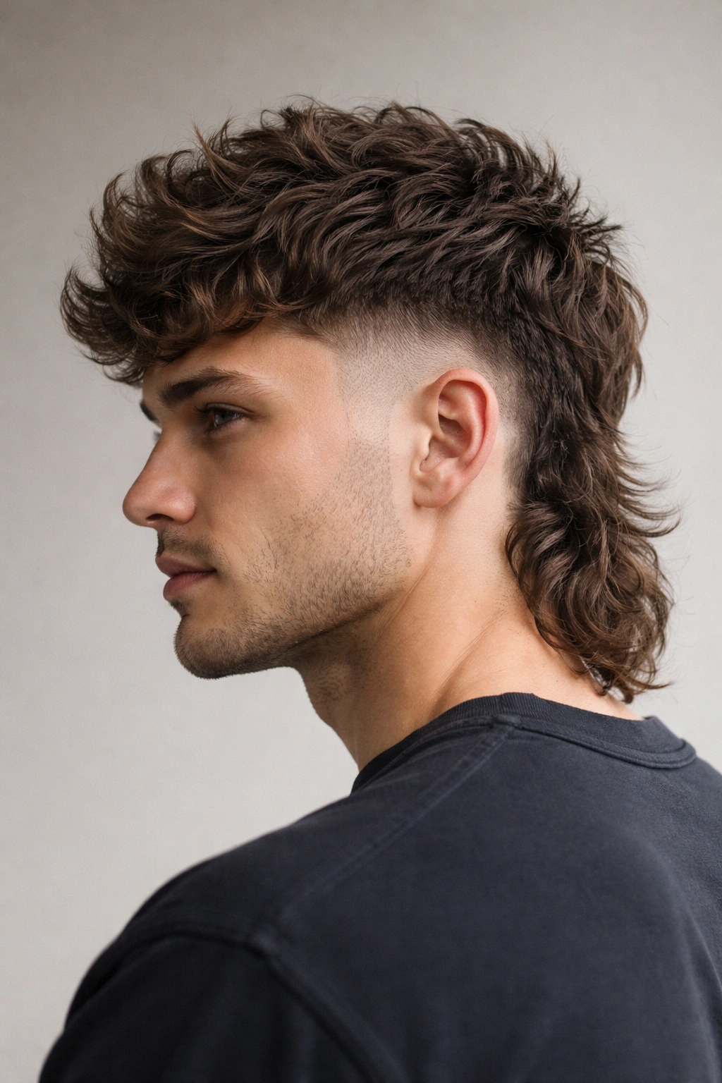 Close-up textured fade mullet hairstyle in studio lighting