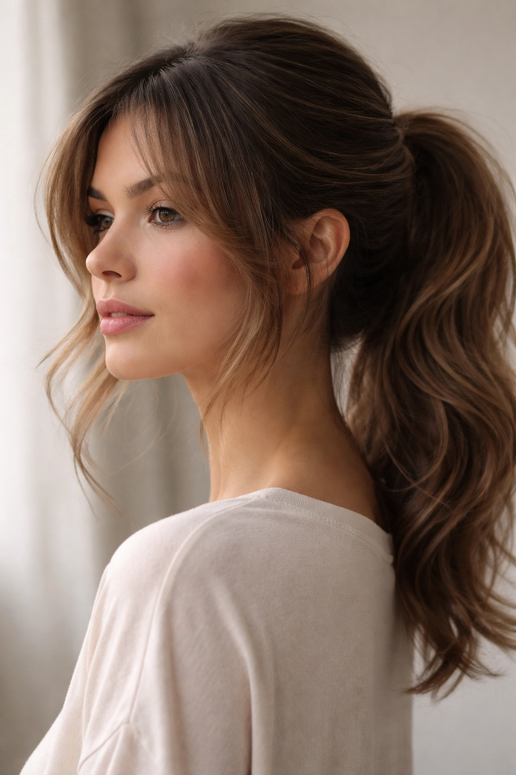 Soft textured ponytail with feathered layers framing the face.