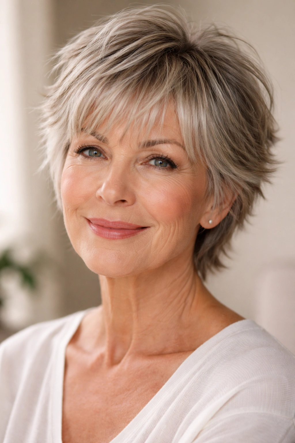 Close-up of textured fringe with layered back for thinning hair