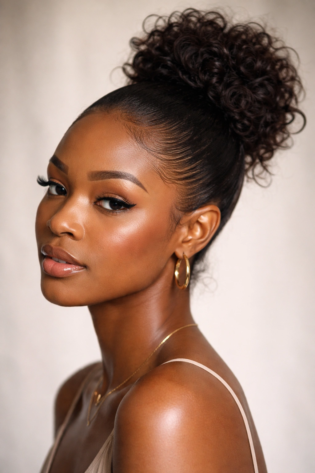 Close-up of textured hair with a sleek back base and voluminous bun showing glossy edges and natural texture