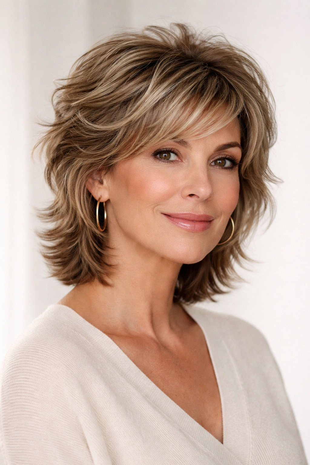 Close-up of textured pixie-to-shoulder hairstyle with voluminous crown and face-framing longer sides