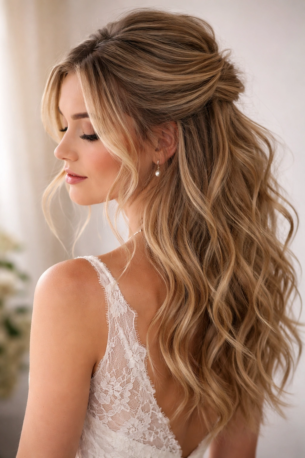 Textured half-up hairstyle with voluminous waves