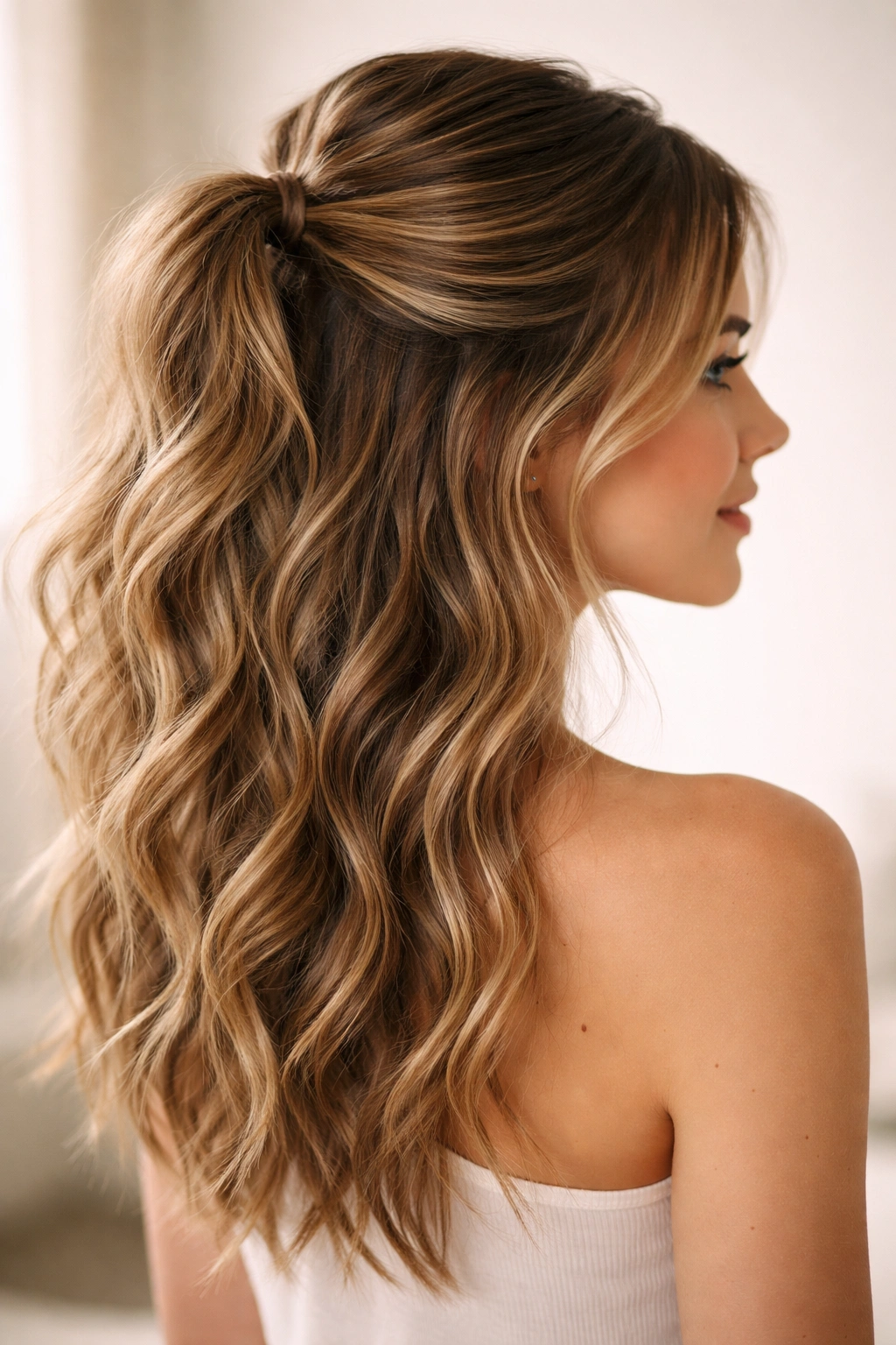 Textured half-up with loose waves showing beachy waves and crown pull-back