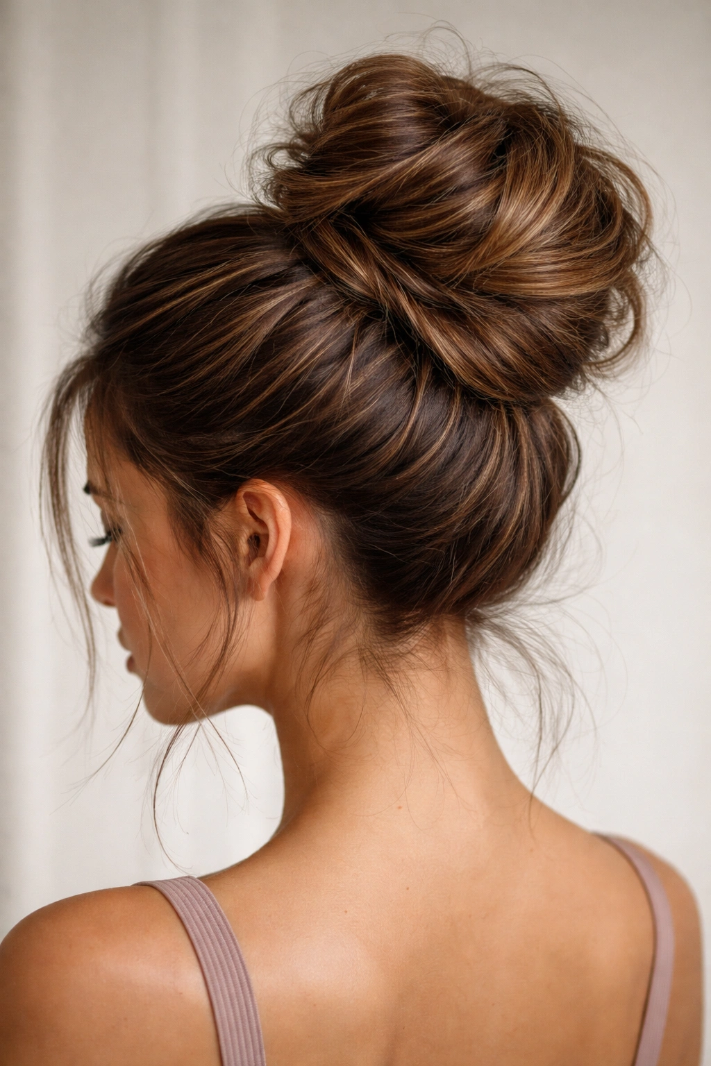 Close-up of a high textured bun with teased hair and visible lift on thick hair
