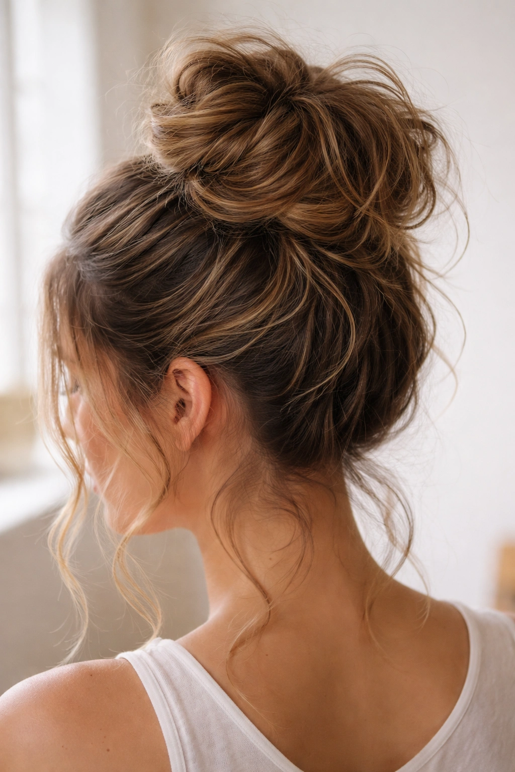 Close-up of Textured High Bun showing layered waves and volume