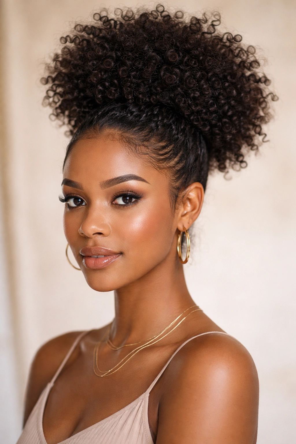 Close-up of a short curly hairstyle with a voluminous textured high puff and subtle base weave