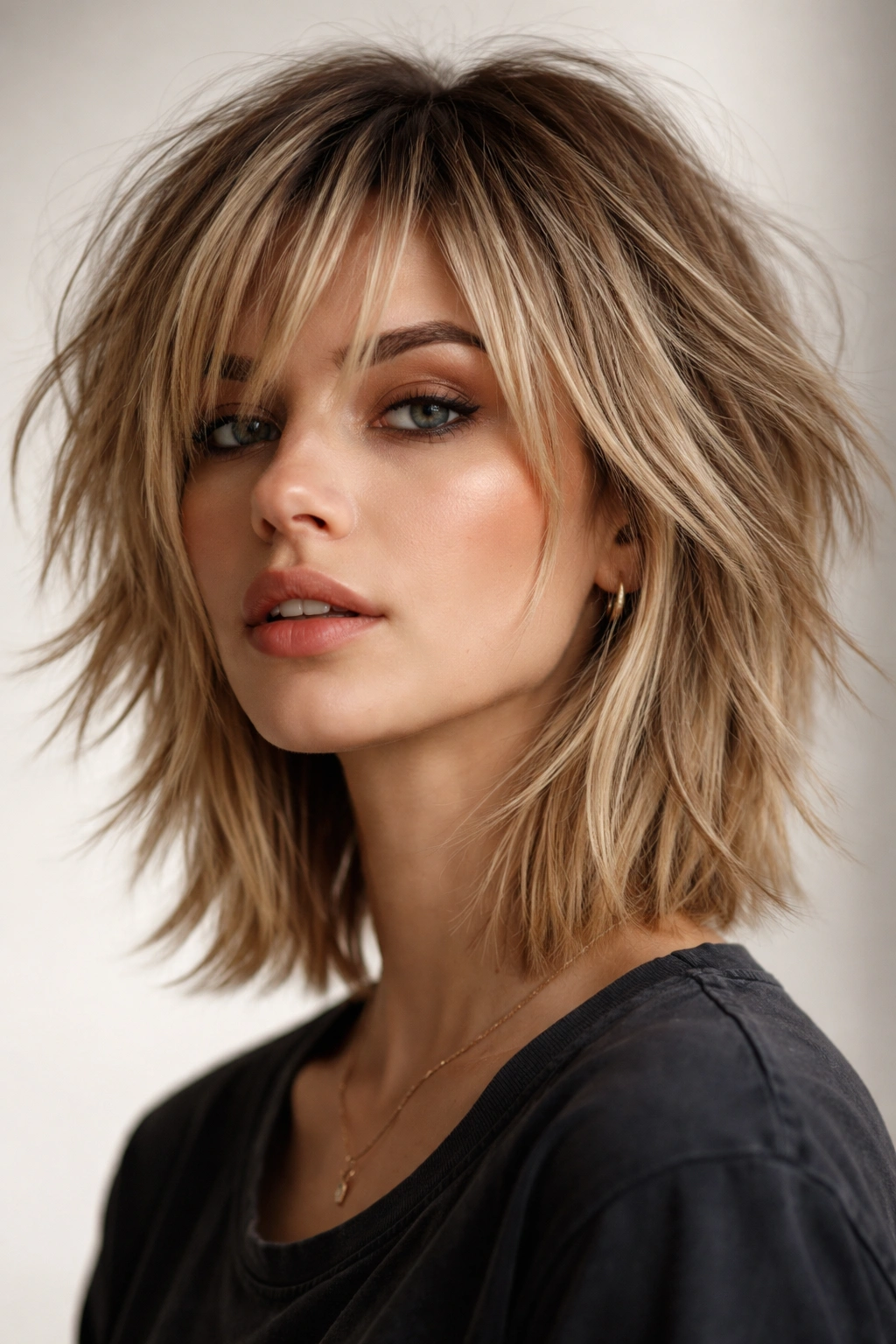 Neck-length hair with blunt, choppy textured layers