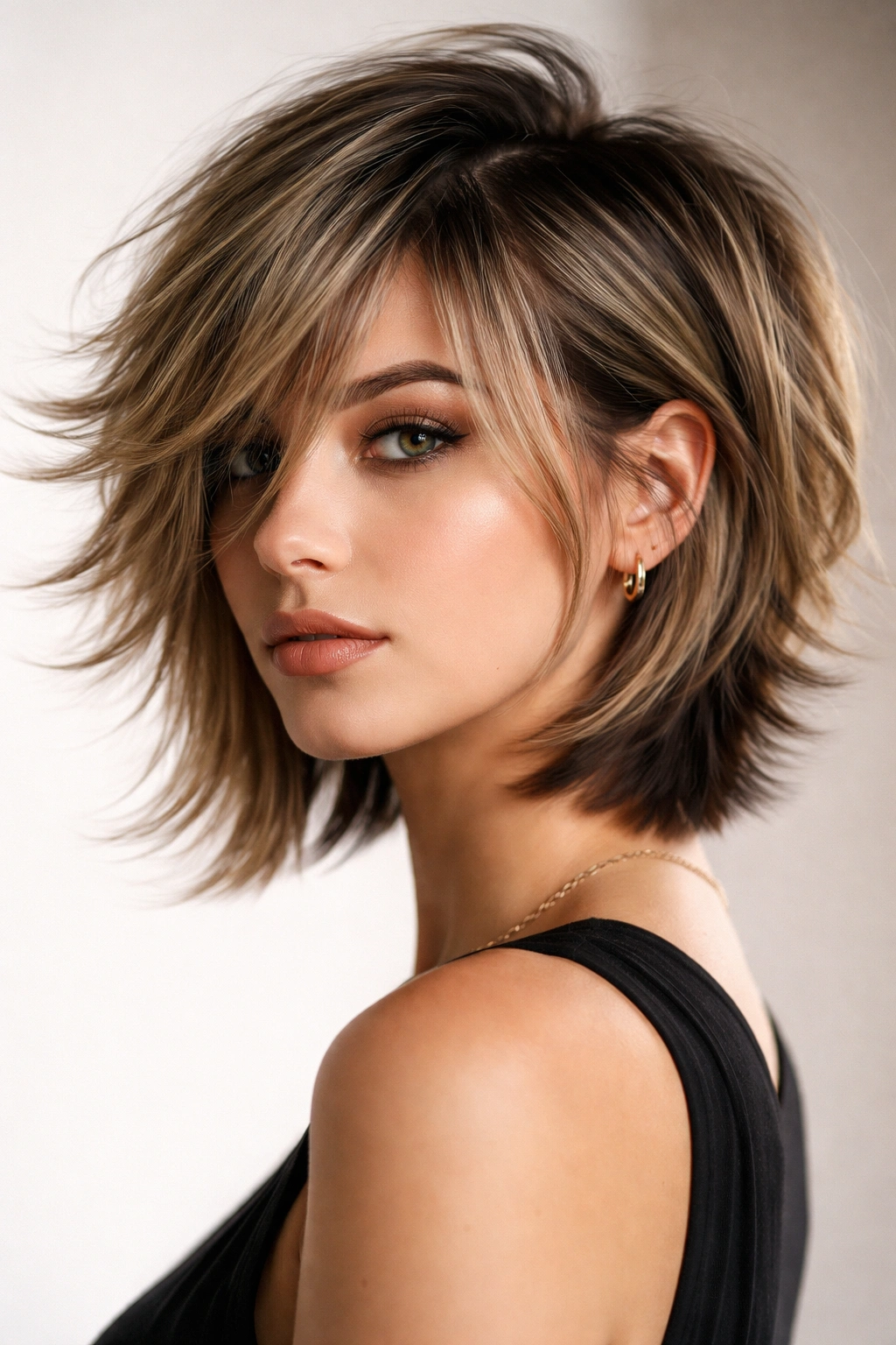 Hair with top longer layers and a much shorter underneath creating dramatic texture