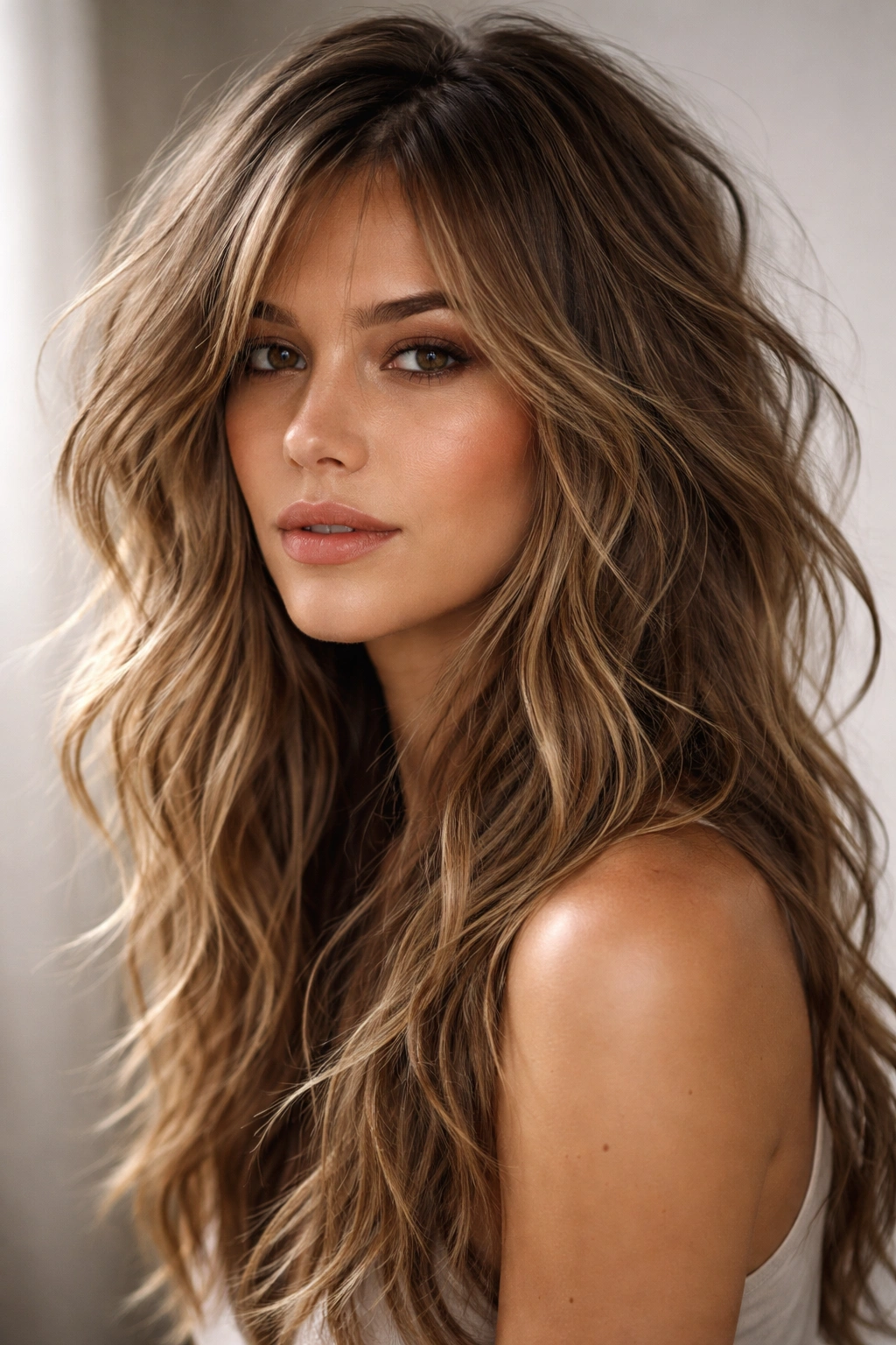 Close-up of a model with textured, choppy layered waves and dynamic movement