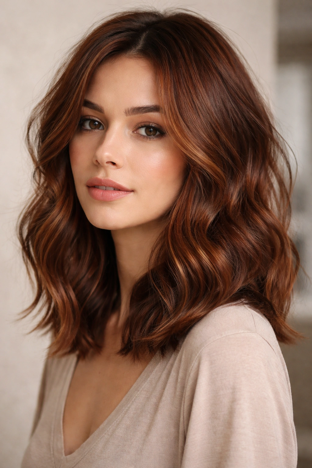 Textured auburn lob with tousled waves and collarbone-length cut