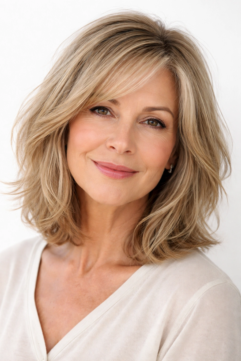 Textured lob with chin-to-shoulder length and feathered layers.