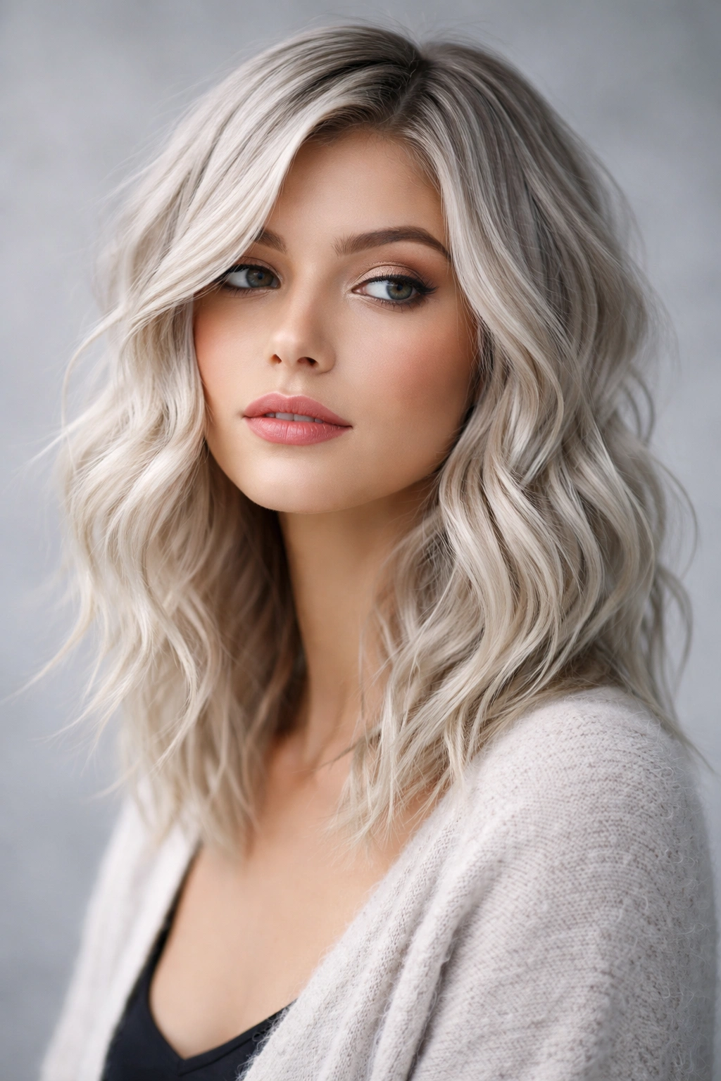 Textured lob waves in icy blonde with cool silver undertones