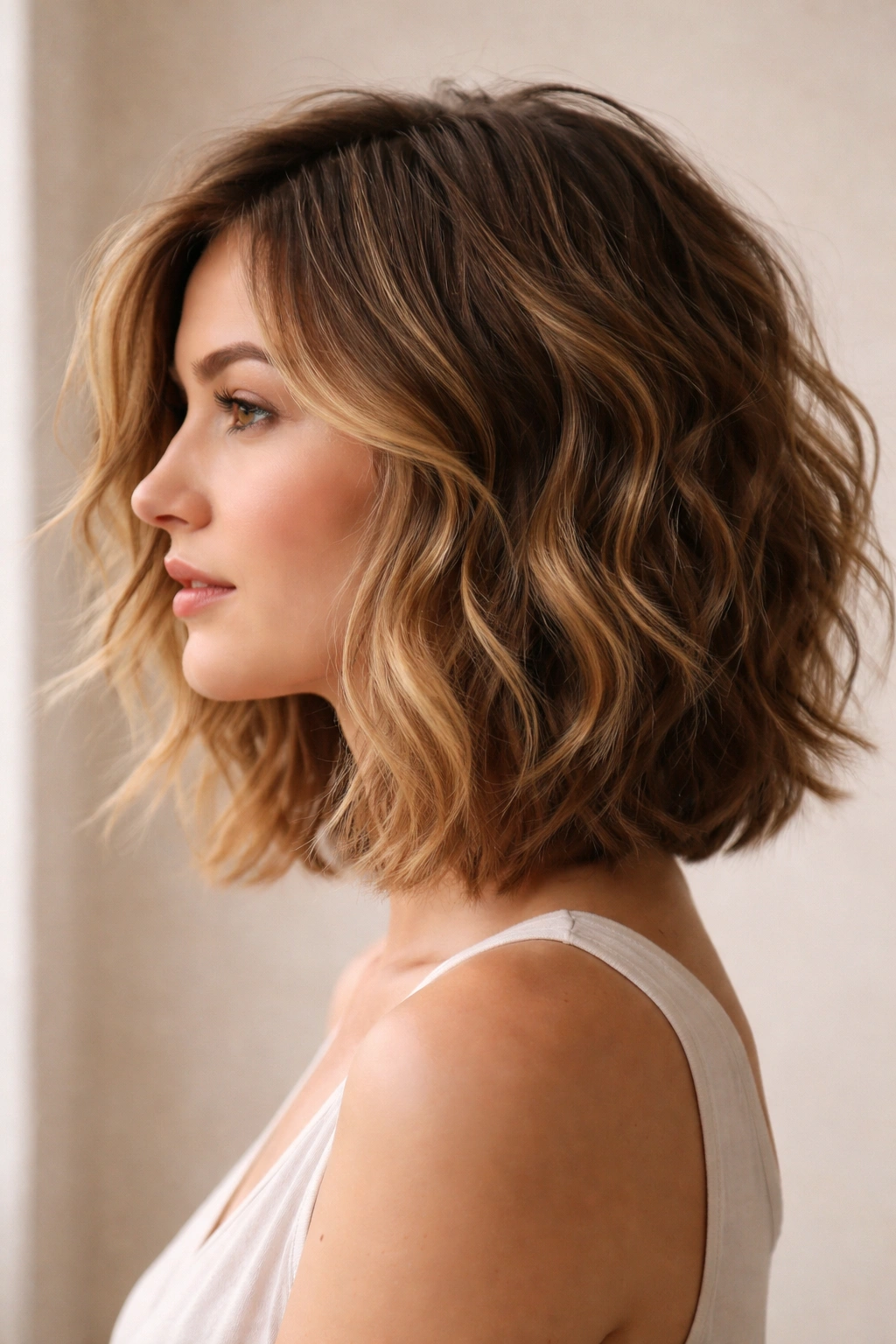 Close-up profile of a wavy textured lob with layered crown, shoulder-length silhouette