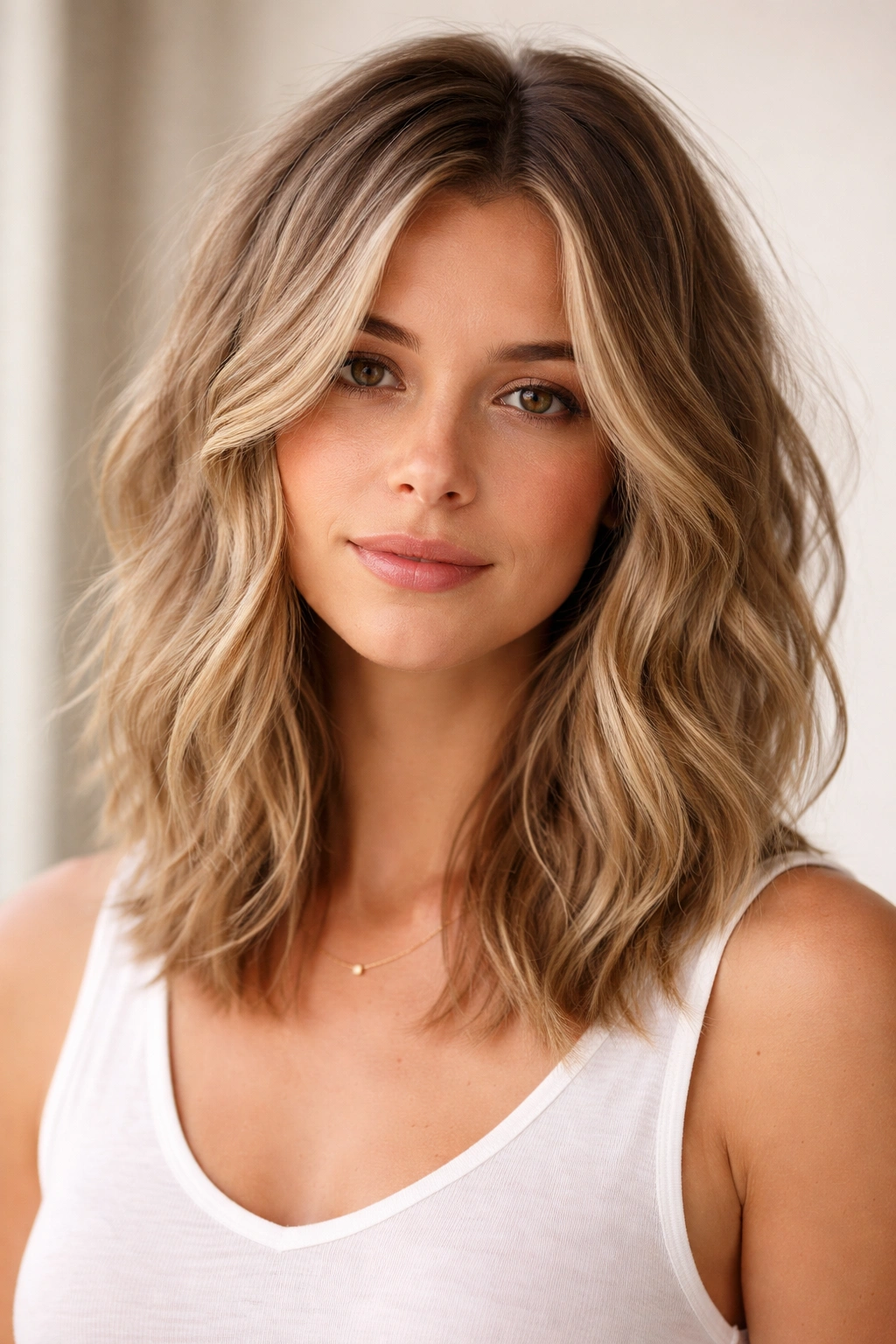Close-up of a textured long bob on fine, wavy hair in a studio.