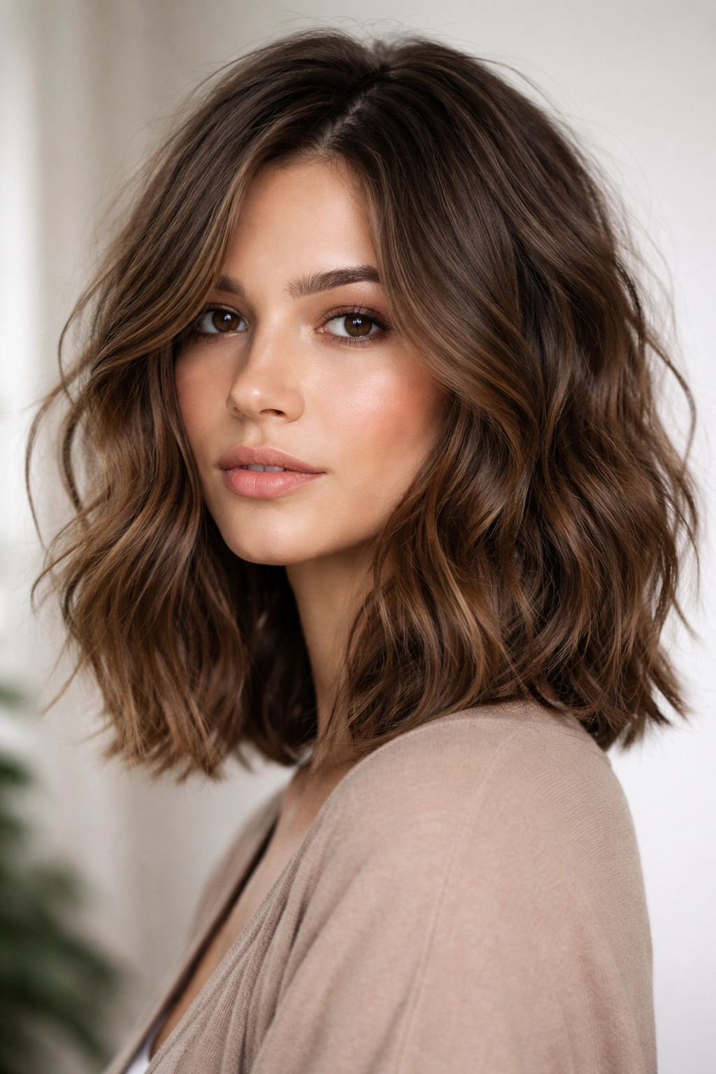 Textured long bob with tousled brown waves