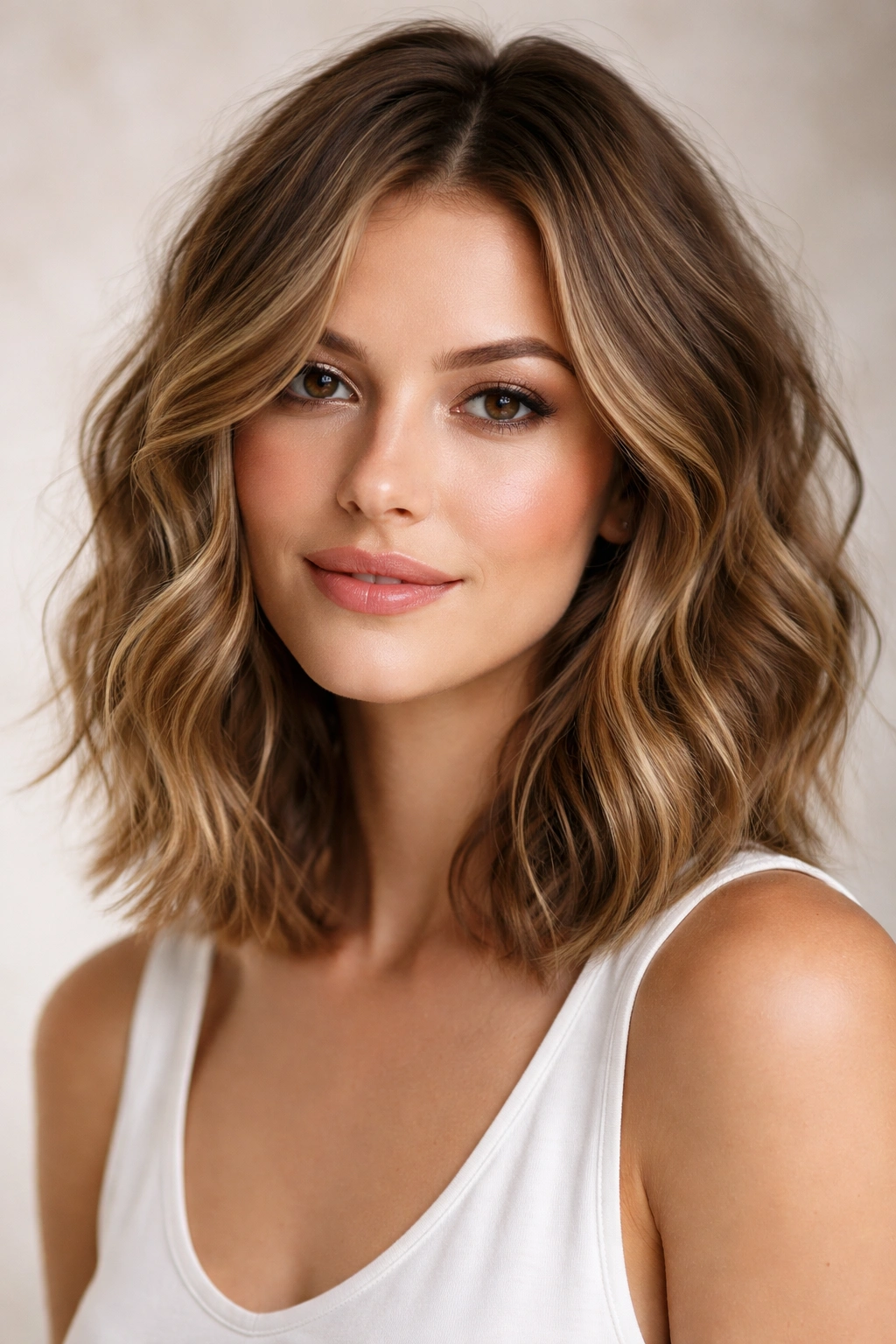 Textured wavy lob hairstyle with mid-neck length in a studio portrait