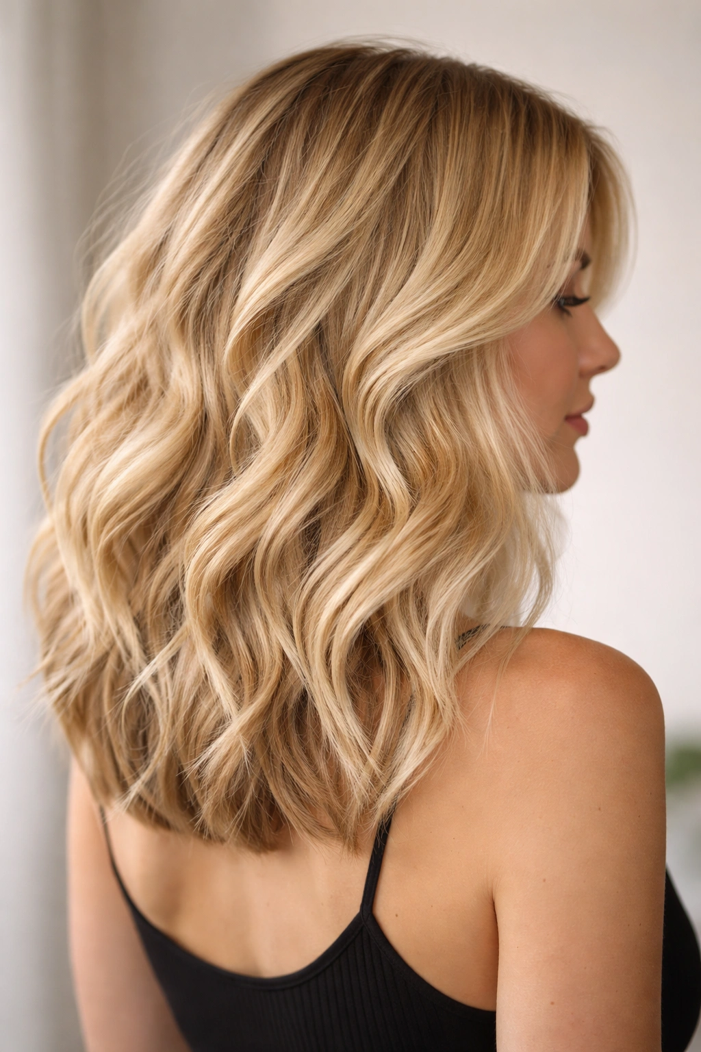 Close-up of a blonde textured long bob with waves and layered ends