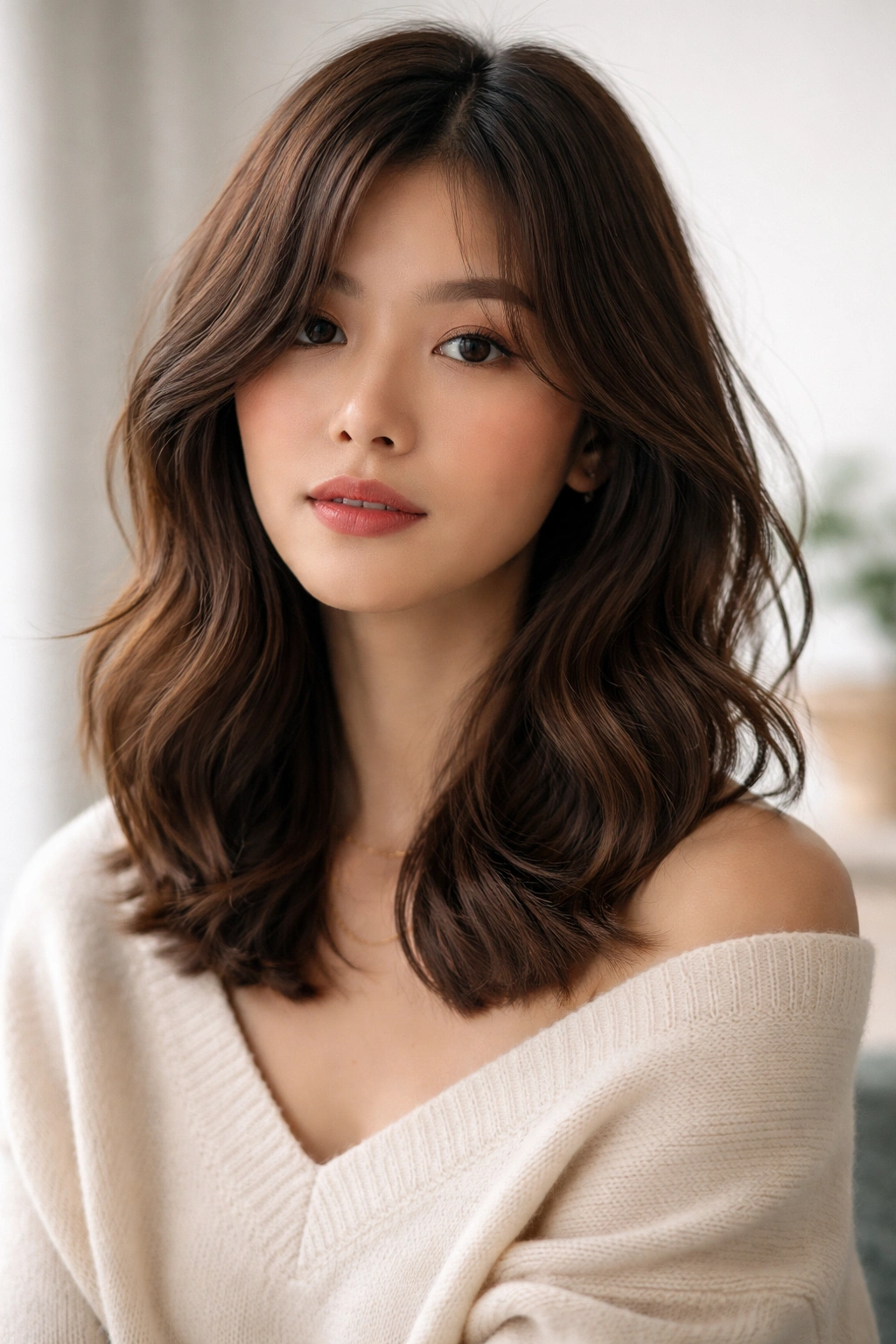 Collarbone-length textured lob with soft waves and natural movement