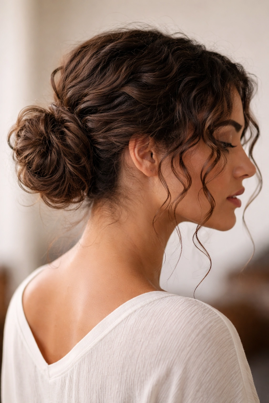 Low bun with face-framing curls showing texture and rings of curls