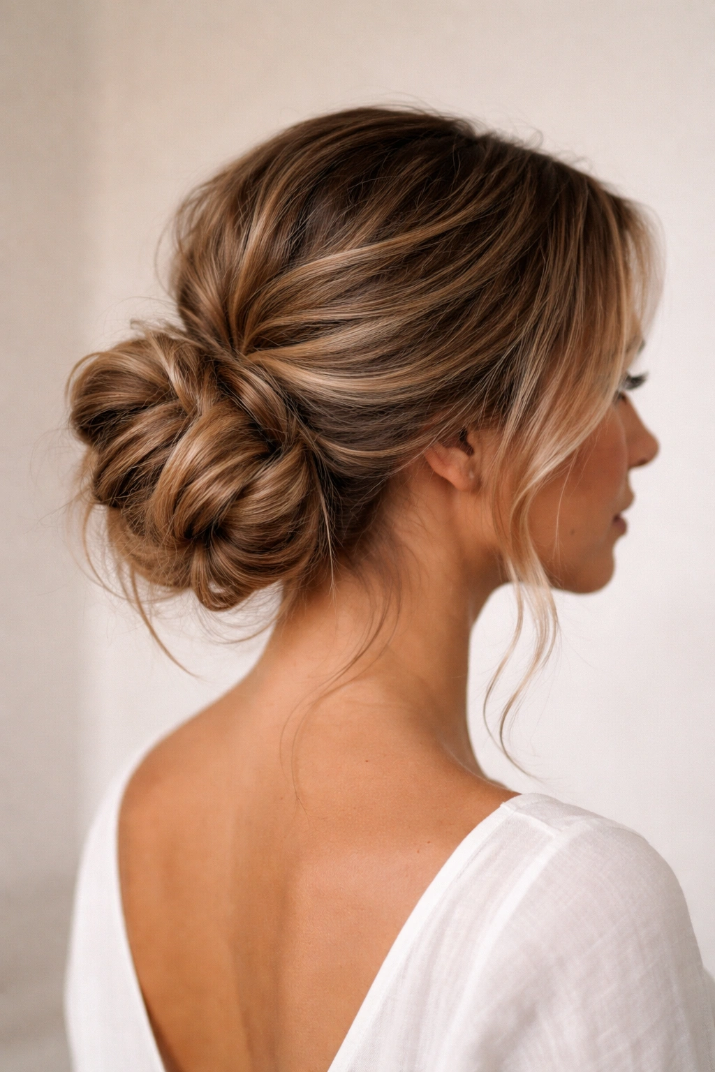 Low bun at nape with textured extensions