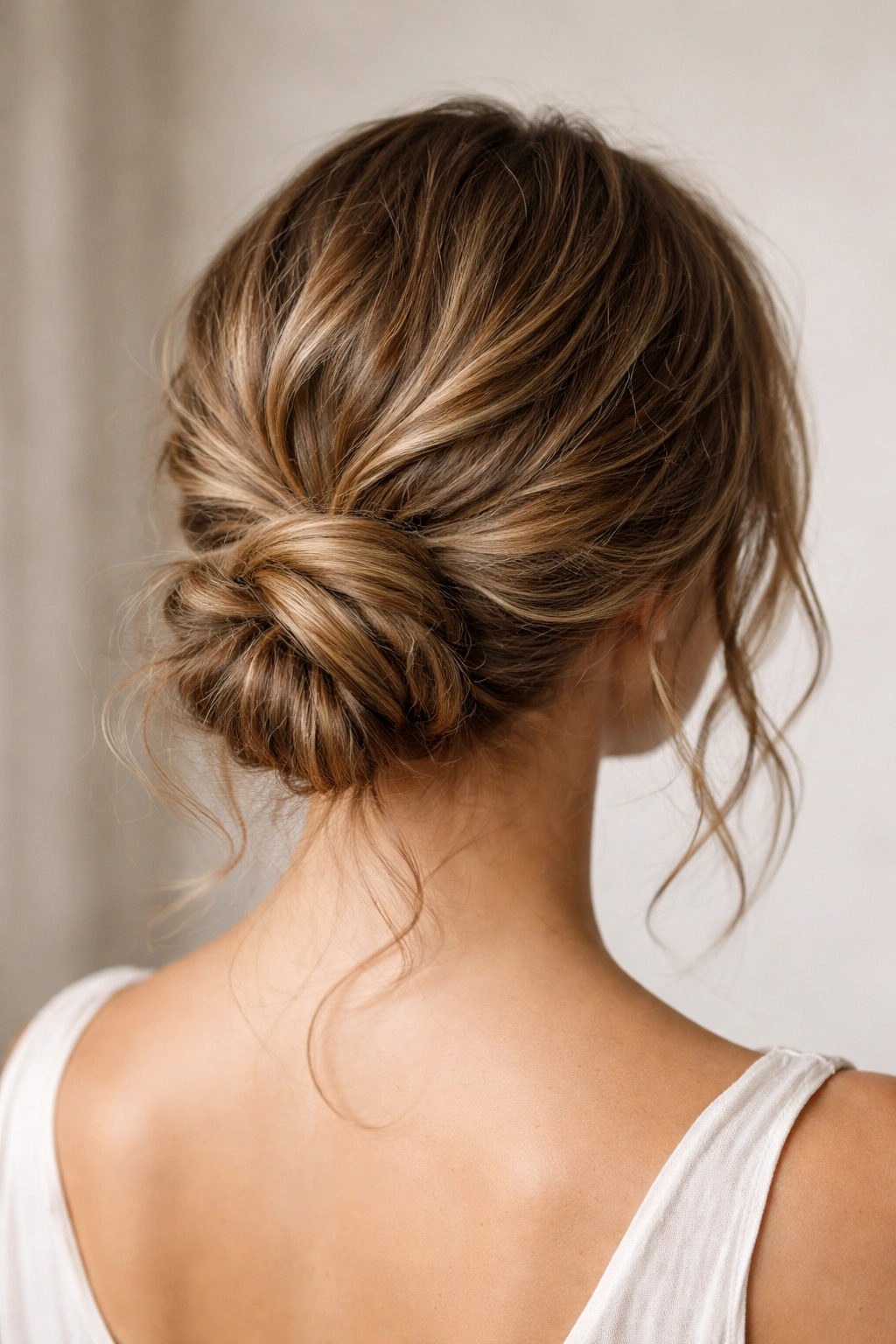 Back view of a textured low knot at the nape of hair