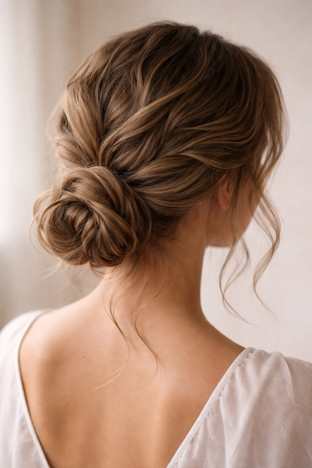 Low knot at the nape with textured waves.