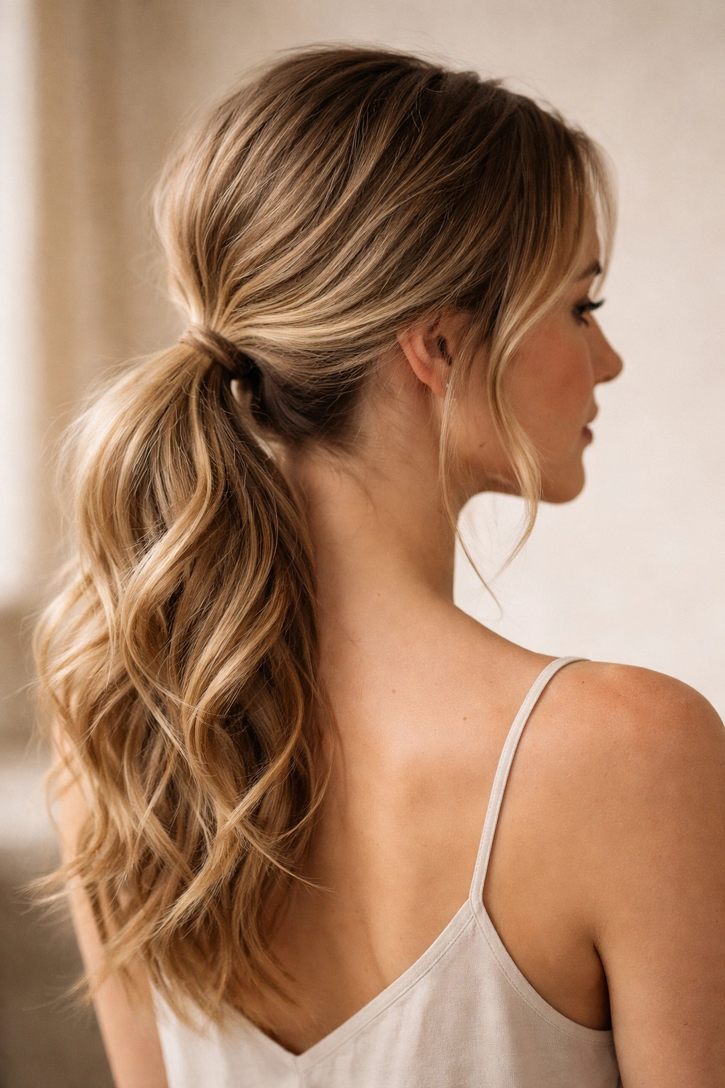 Low ponytail with textured waves