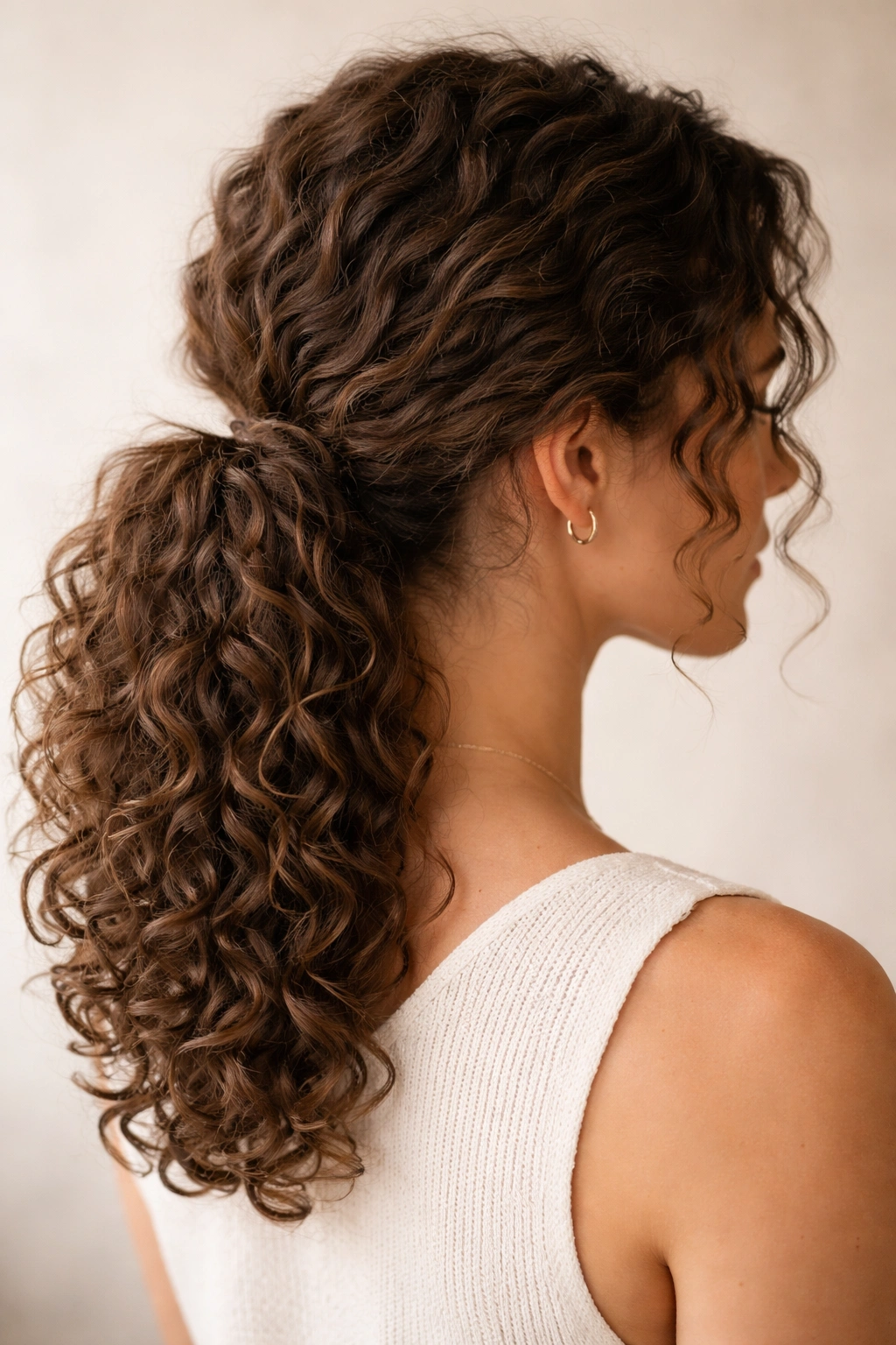 Textured low ponytail on curly hair at the nape