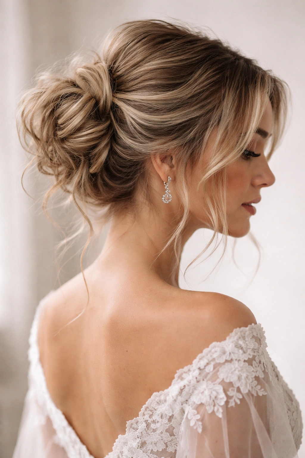 Close-up of a textured messy bun with undone layers