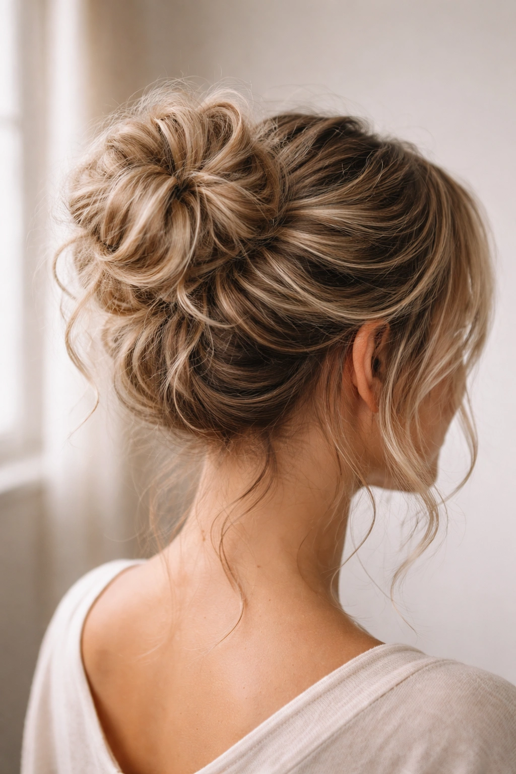 Close-up of a textured messy bun with waves and twists, back view