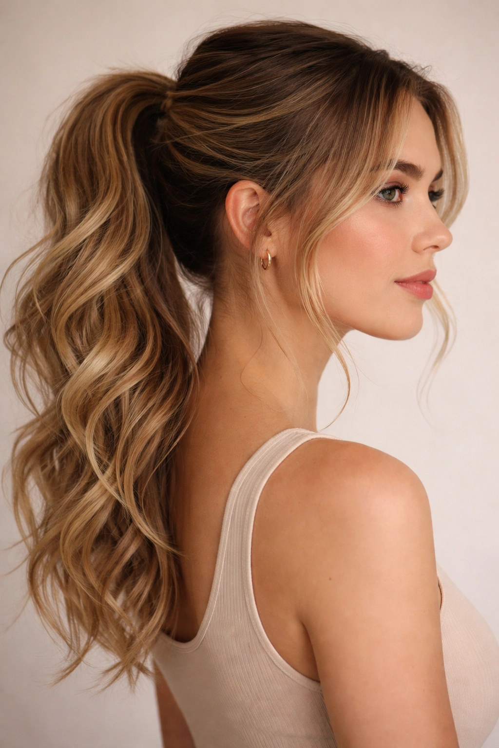 Model with textured mid-ponytail and undone waves in studio lighting