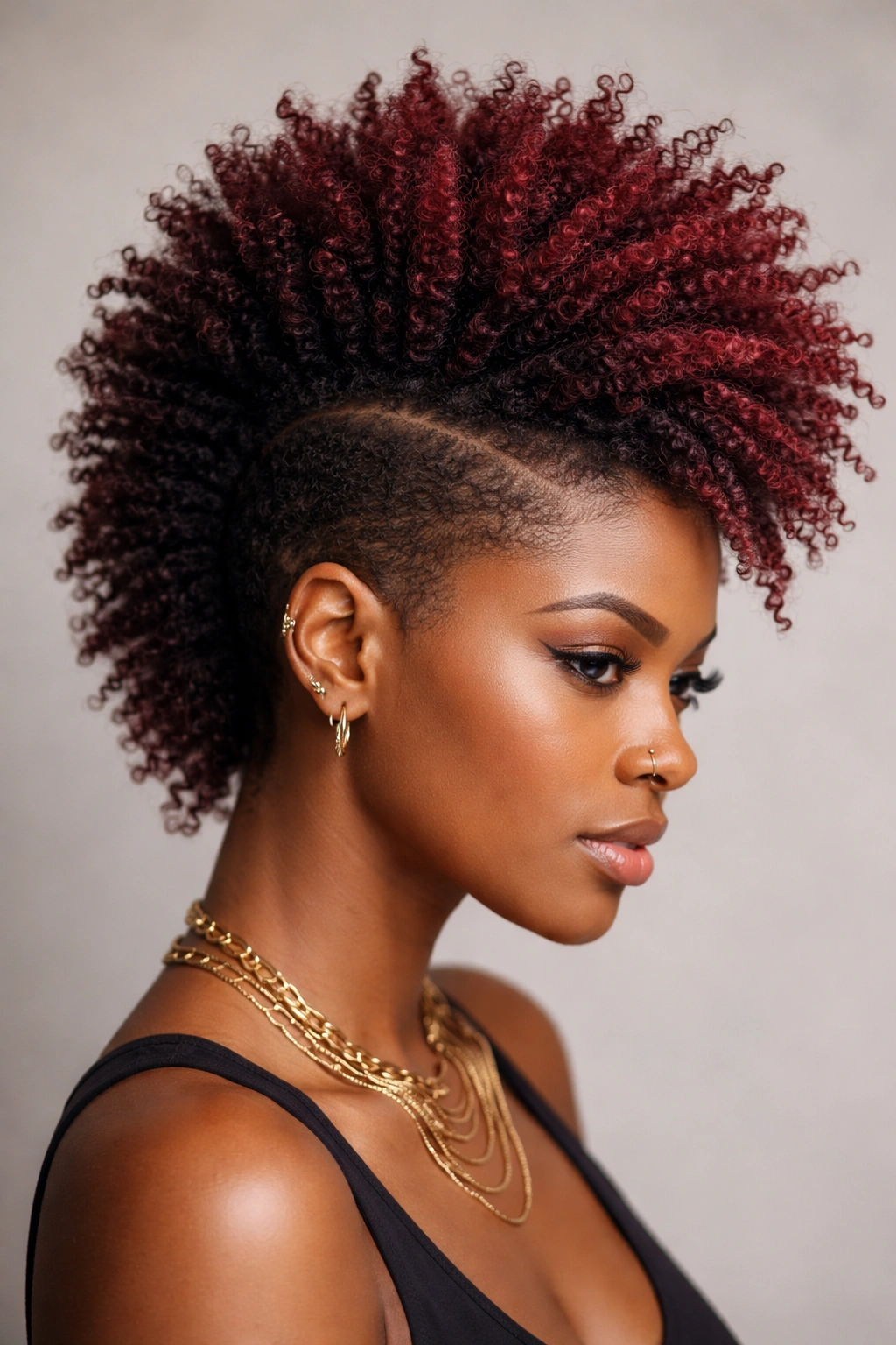 Close-up of a textured mohawk with burgundy crown on natural hair