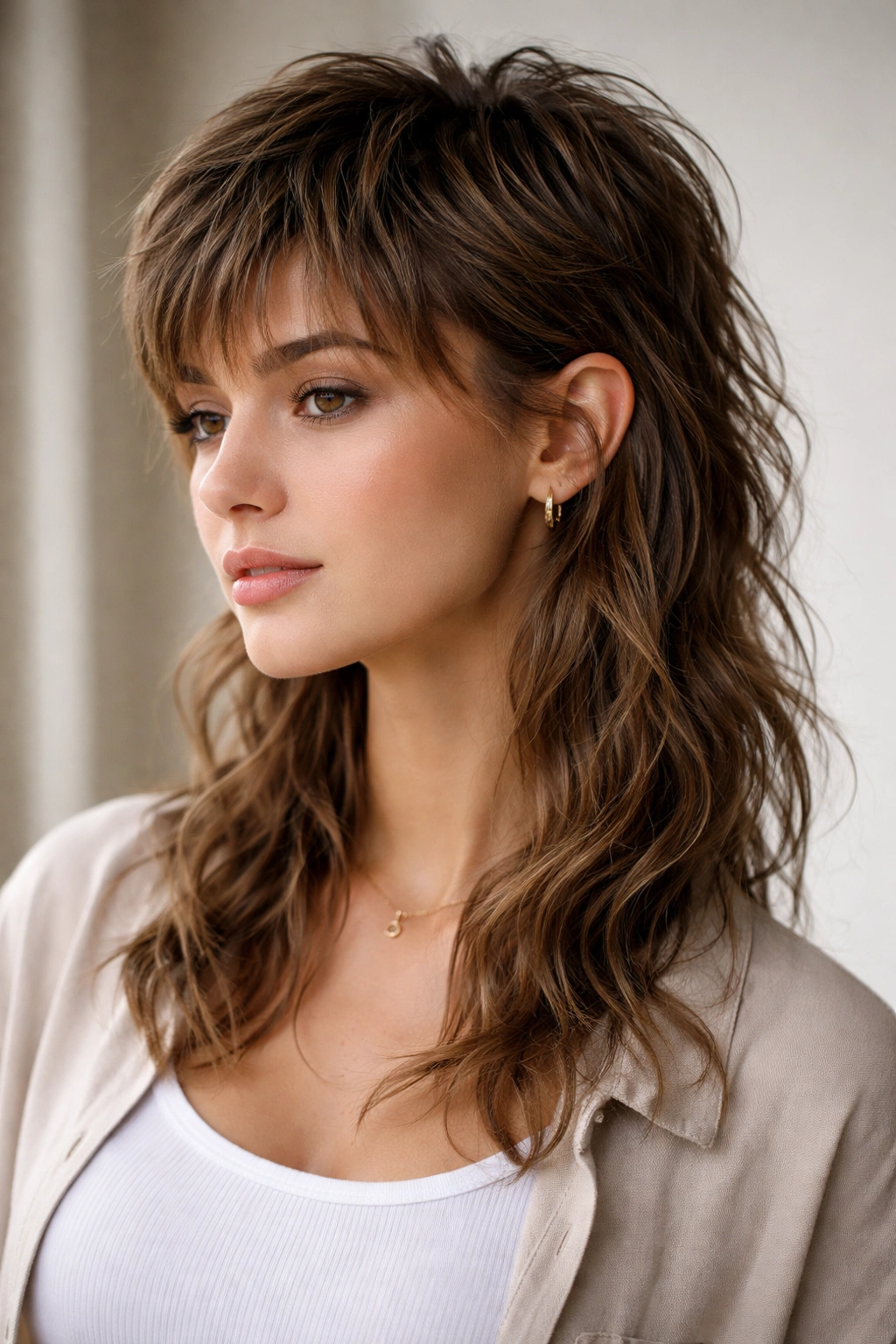 Modern textured mullet with short top and longer back waves.