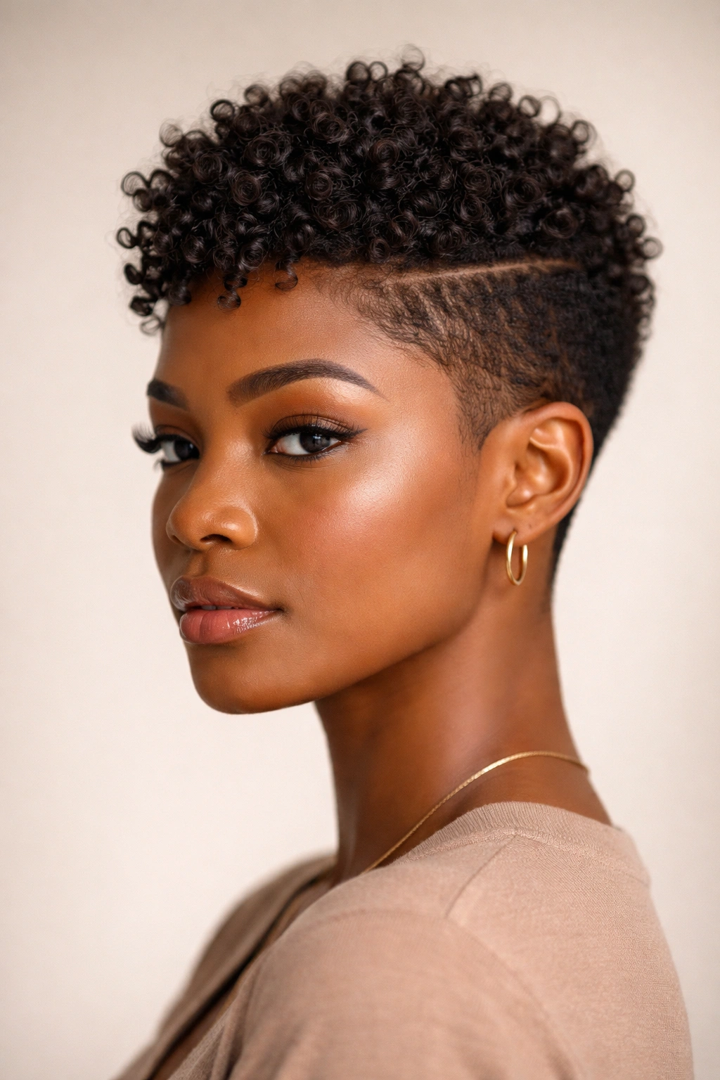 Portrait of a woman with a textured pixie cut showing top length and tapered sides.