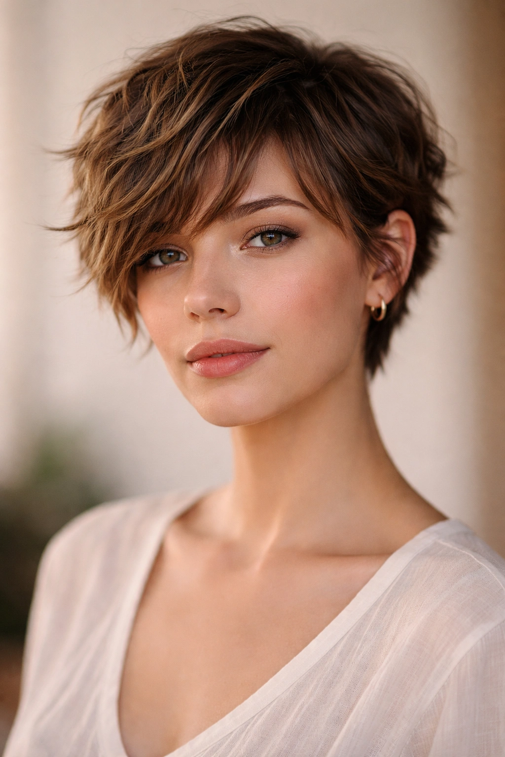 Close-up of a textured pixie haircut with longer bangs on wavy hair.