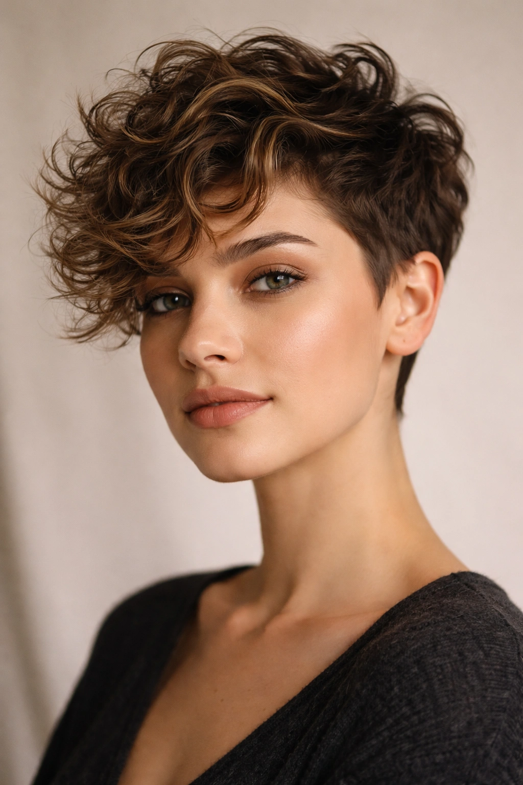 Close-up of a textured pixie bob with short sides and a longer curled top.